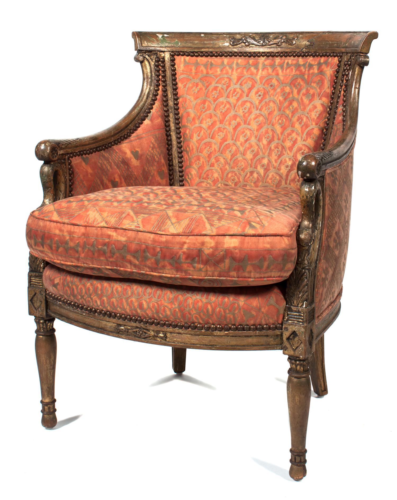 An Italian Neoclassical Giltwood Armchair Height 32 inches.