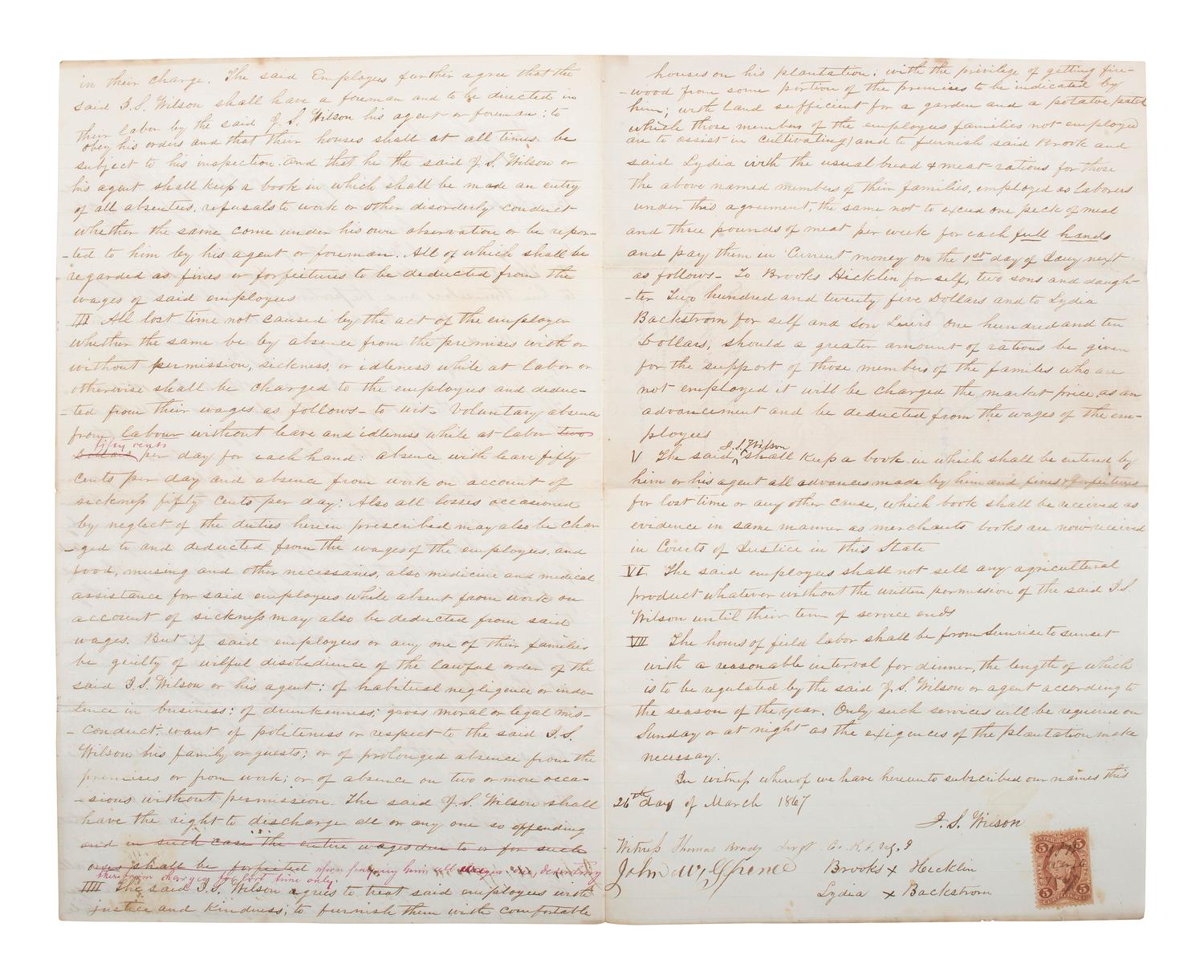 [SLAVERY & ABOLITION] -- [RECONSTRUCTION]. Labor contracts, "Rules & Regulations," and other documents associated with freedmen working on the South Carolina plantation of John S. Wilson, 1865-1868.