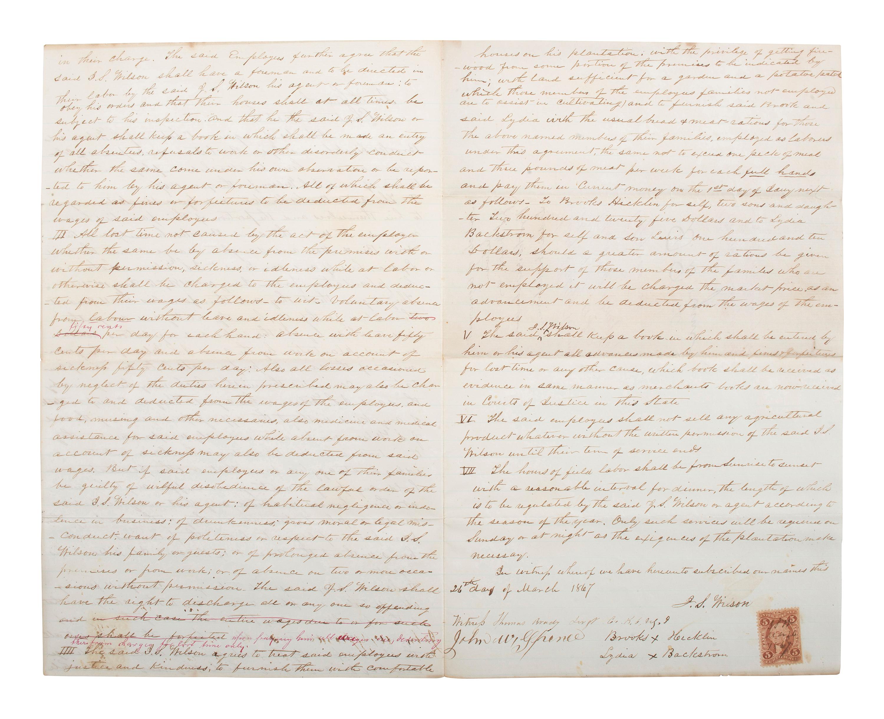 [SLAVERY & ABOLITION] -- [RECONSTRUCTION]. Labor contracts, "Rules & Regulations," and other documents associated with freedmen working on the South Carolina plantation of John S. Wilson, 1865-1868.