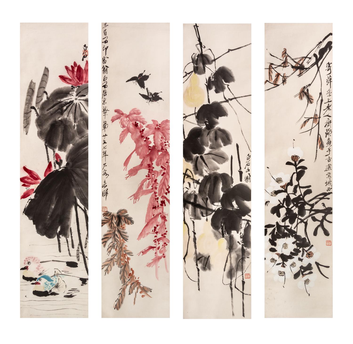 Attributed to Qi Baishi, (Chinese, 1864-1957), Camellieas, Gourds, Lotus and Mandarin Ducks