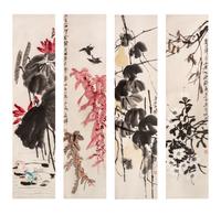 Attributed to Qi Baishi, (Chinese, 1864-1957), Camellieas, Gourds, Lotus and Mandarin Ducks