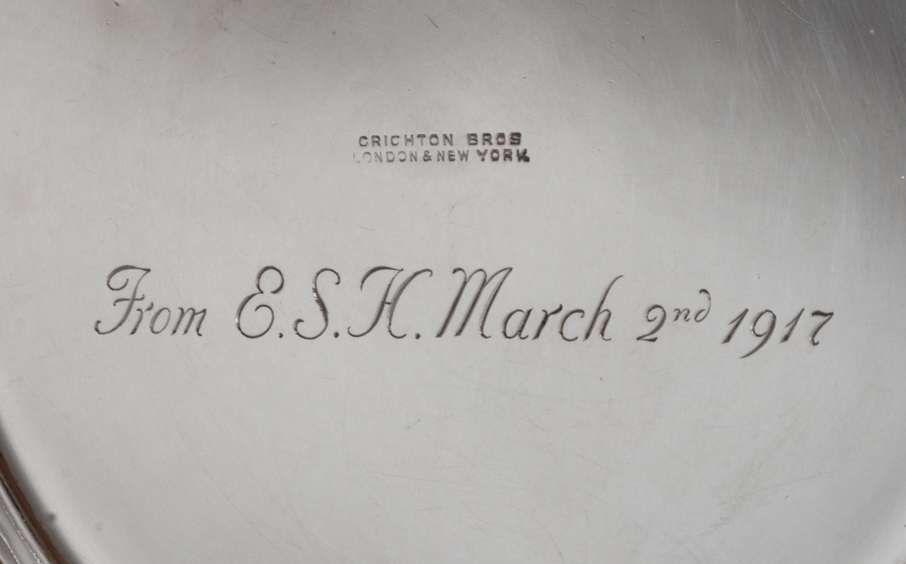 A George V Silver Powder Box, Crichton Bros, London, 1916, circular with stepped cover, engraved EDH, underside engraved From ESH March
