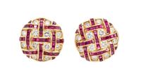 A Pair of Yellow Gold, Ruby and Diamond Earclips, 8.30 dwts.
