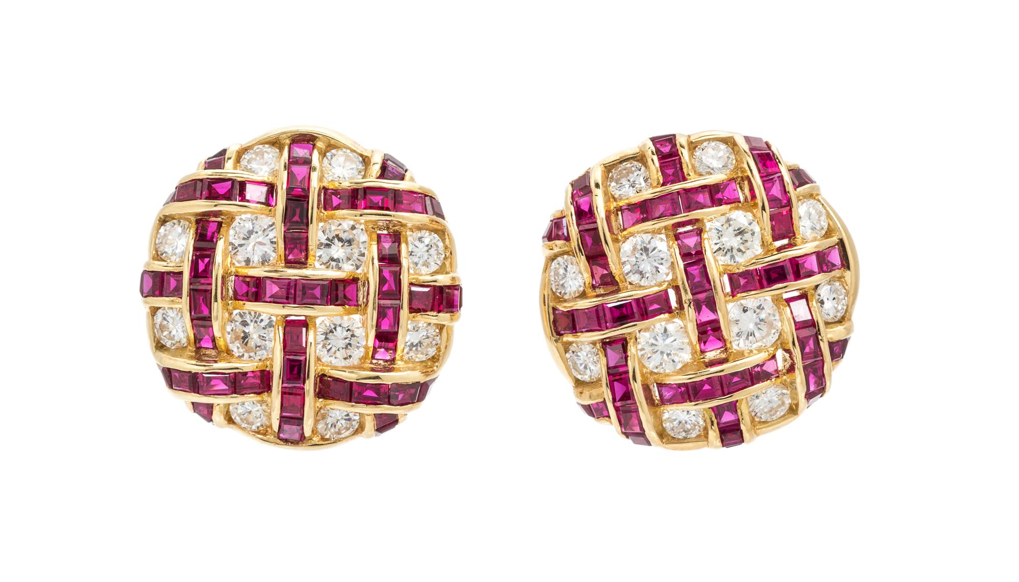 A Pair of Yellow Gold, Ruby and Diamond Earclips, 8.30 dwts.