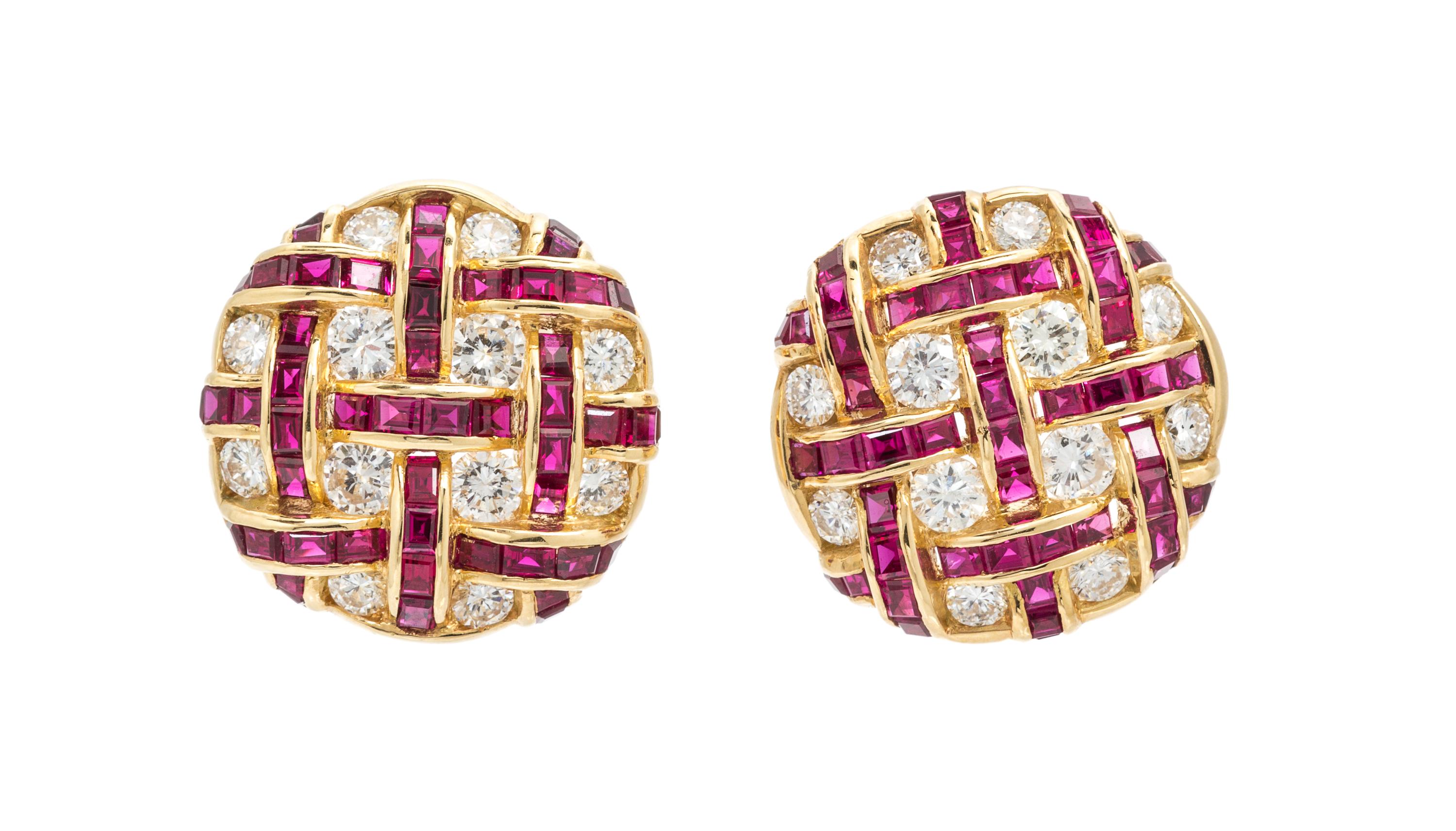 A Pair of Yellow Gold, Ruby and Diamond Earclips, 8.30 dwts.