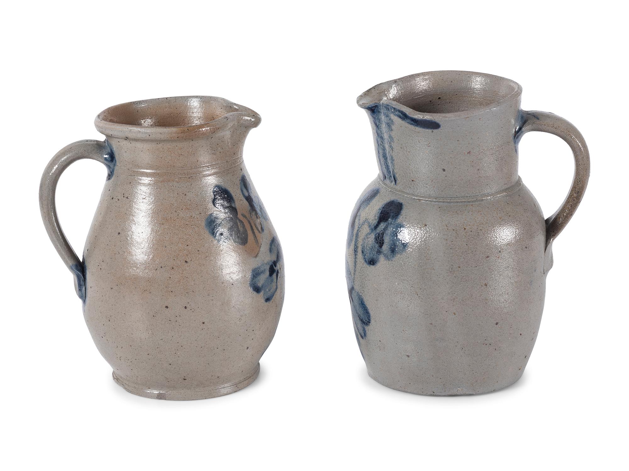 Two Cobalt Decorated Stoneware Pitchers