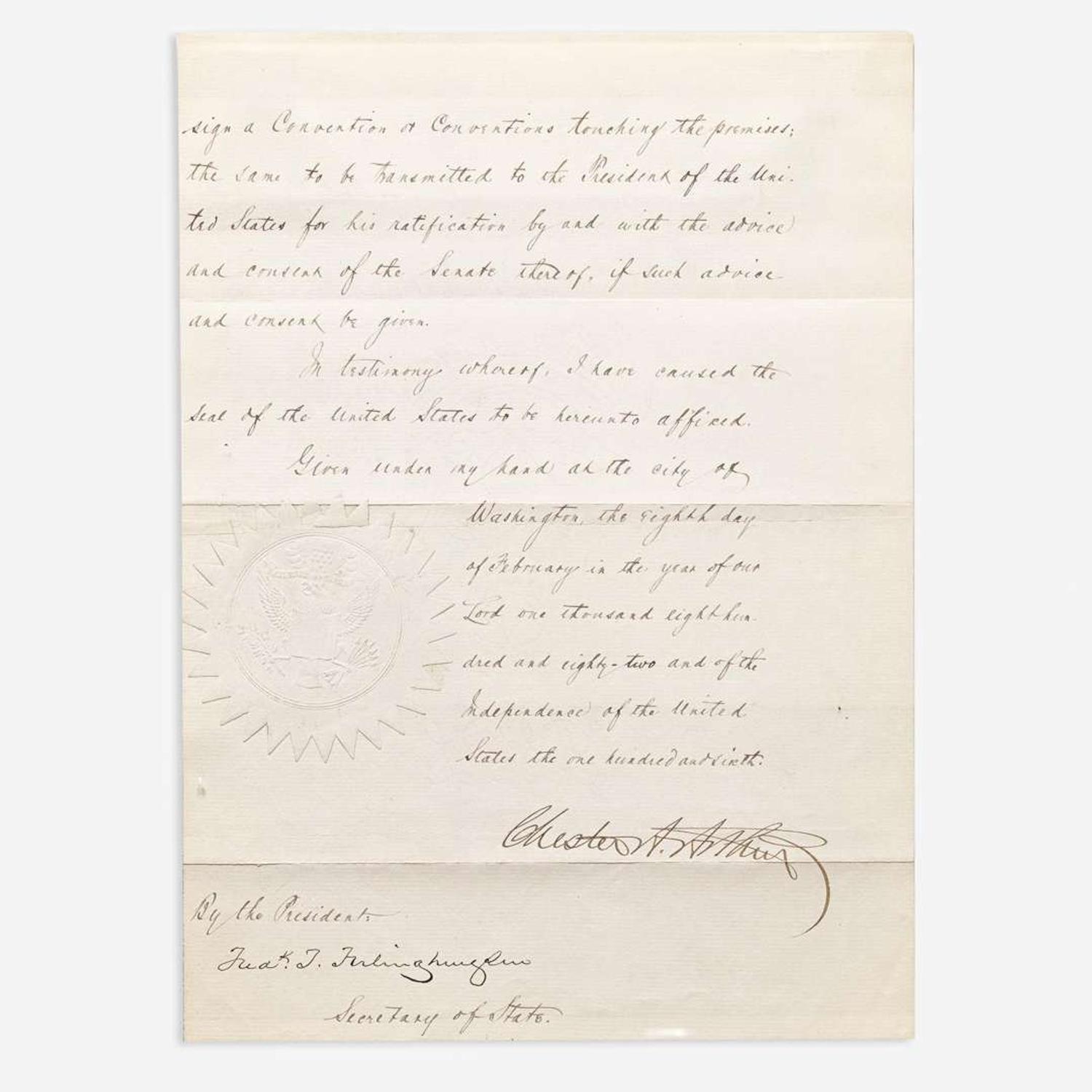 [Presidential] Arthur, Chester A. Manuscript Document, signed