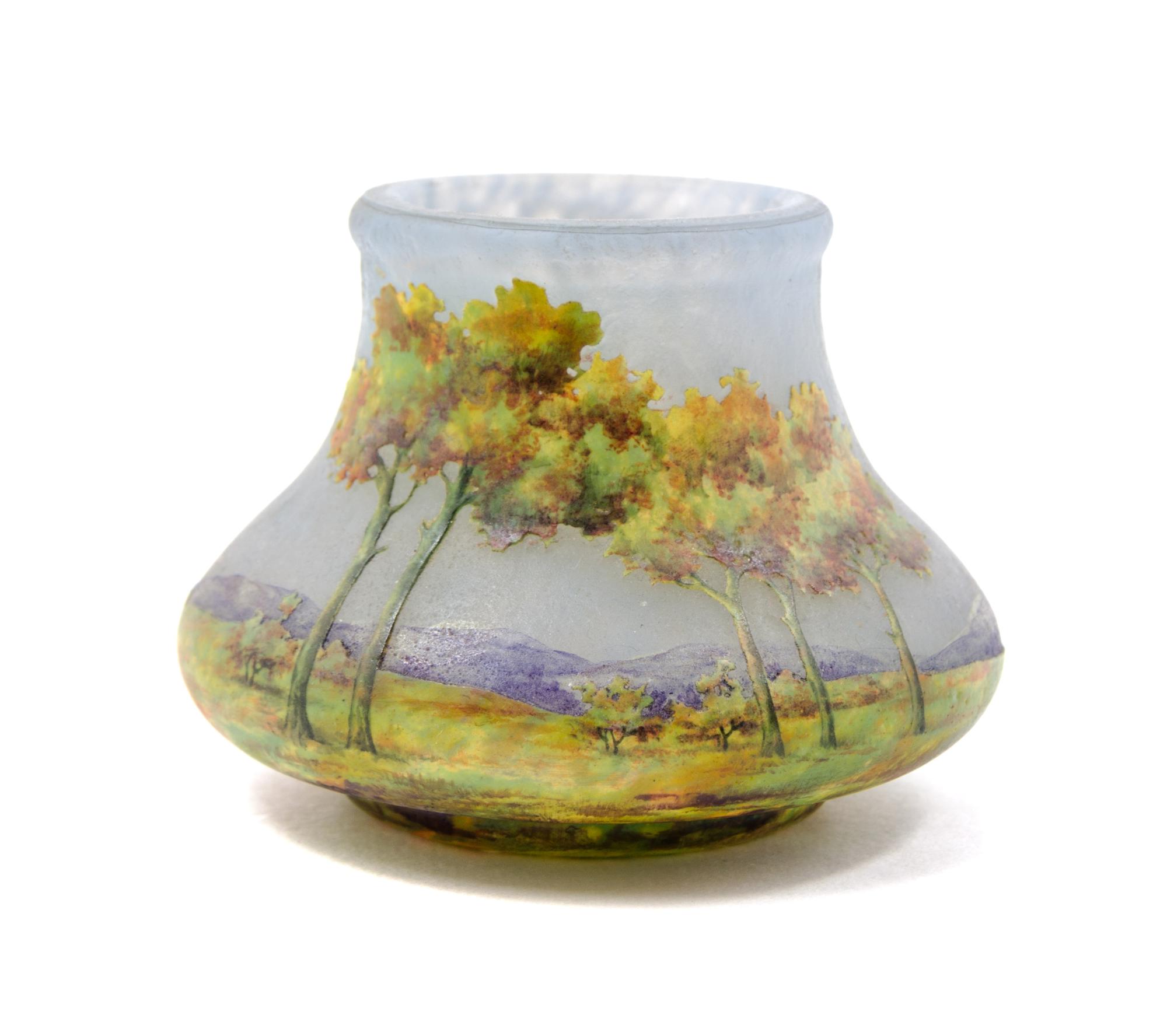A Daum Enameled Cameo Glass Cabinet Vase Height 2 3/4 inches.
