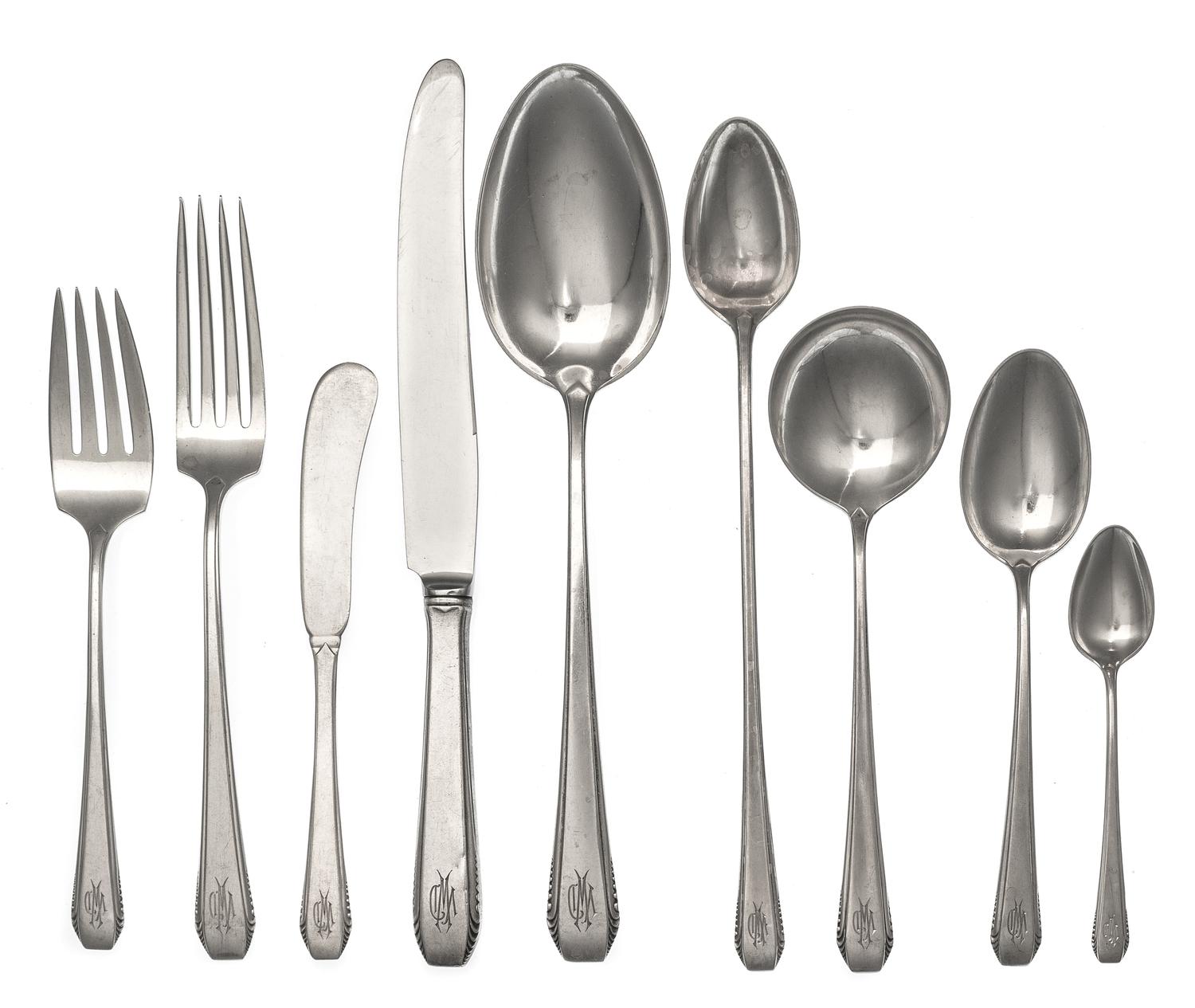 An American Silver Flatware Service, Towle Silversmiths, Newburyport, MA, Cascade pattern, comprising: 12 dinner forks 12 dinner knives