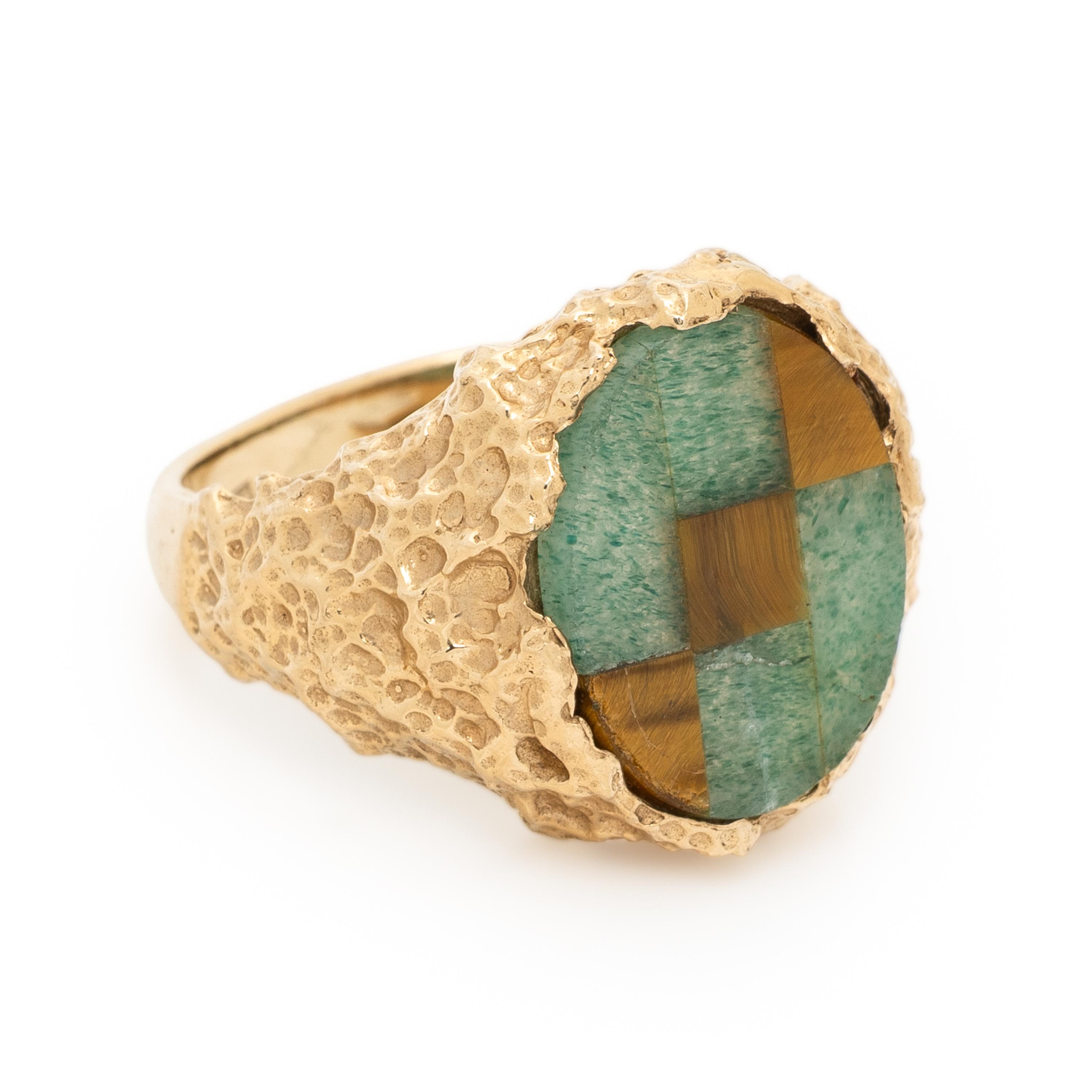 YELLOW GOLD, AVENTURINE QUARTZ, AND TIGER'S EYE RING