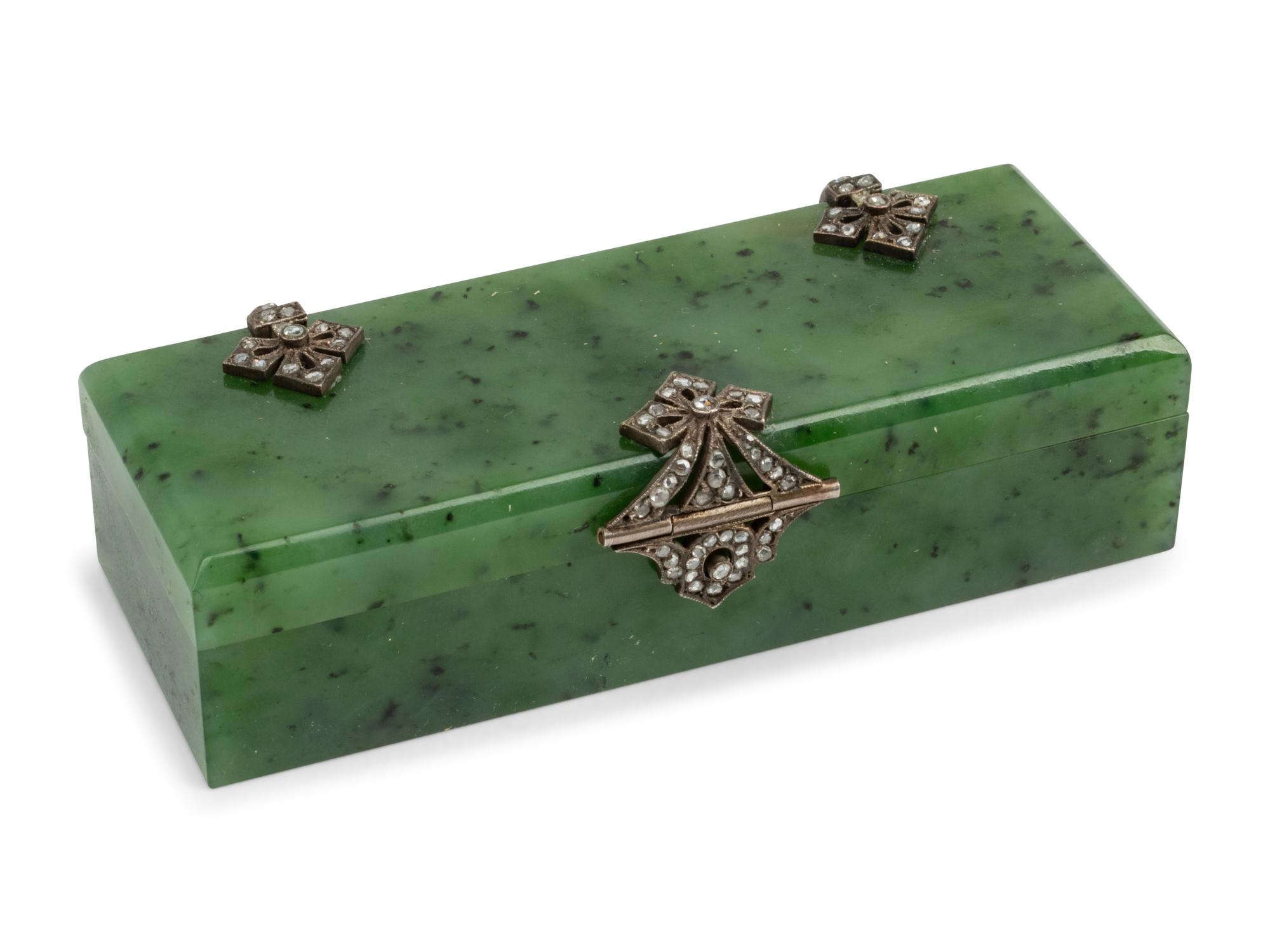 A Silver and Diamond Mounted Hardstone Box