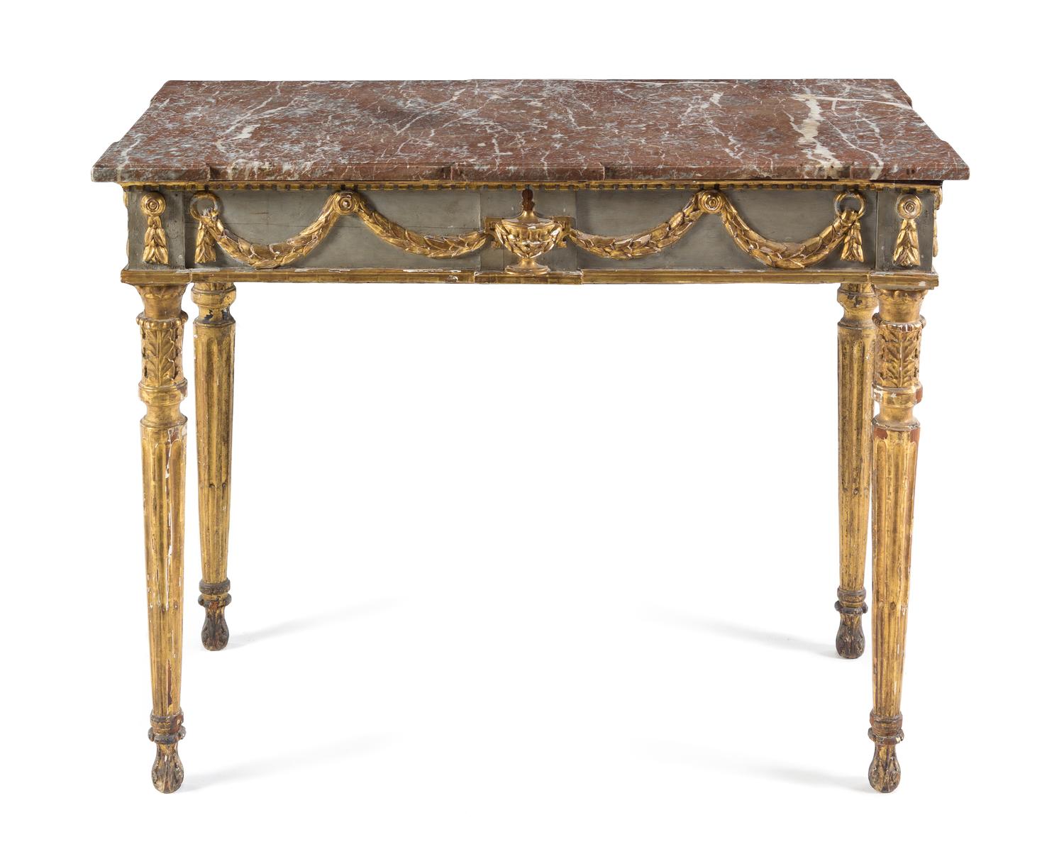 An Italian Painted and Parcel Gilt Center Table Height 34 x width 44 x depth 23 1/2 inches. — 18TH CENTURY