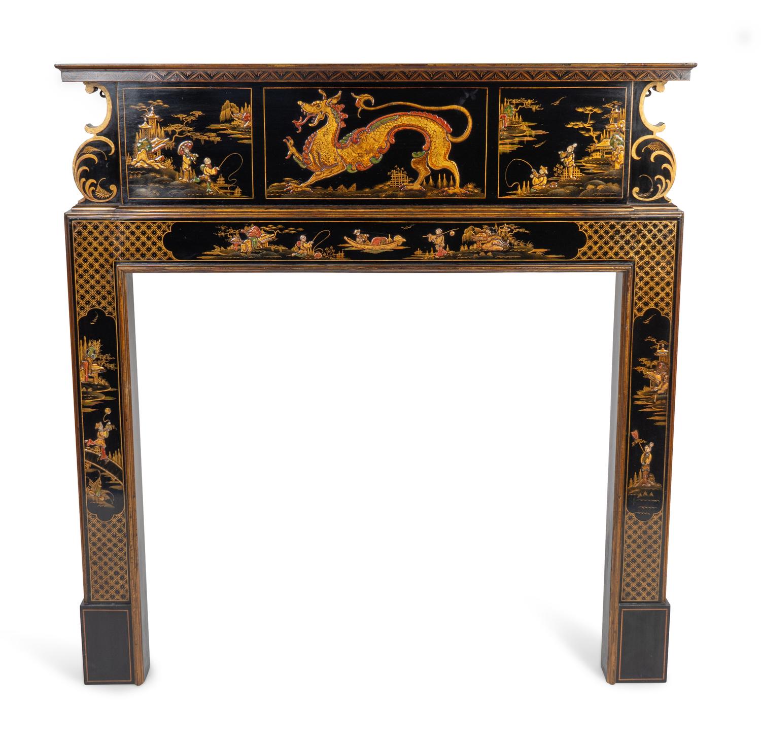 An Edwardian Black and Gilt Chinoiserie Decorated Fireplace Surround — EARLY 20TH CENTURY