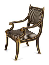 A Set of Eight Regency Style Parcel-Gilt and Black-Painted Armchairs — 20TH CENTURY