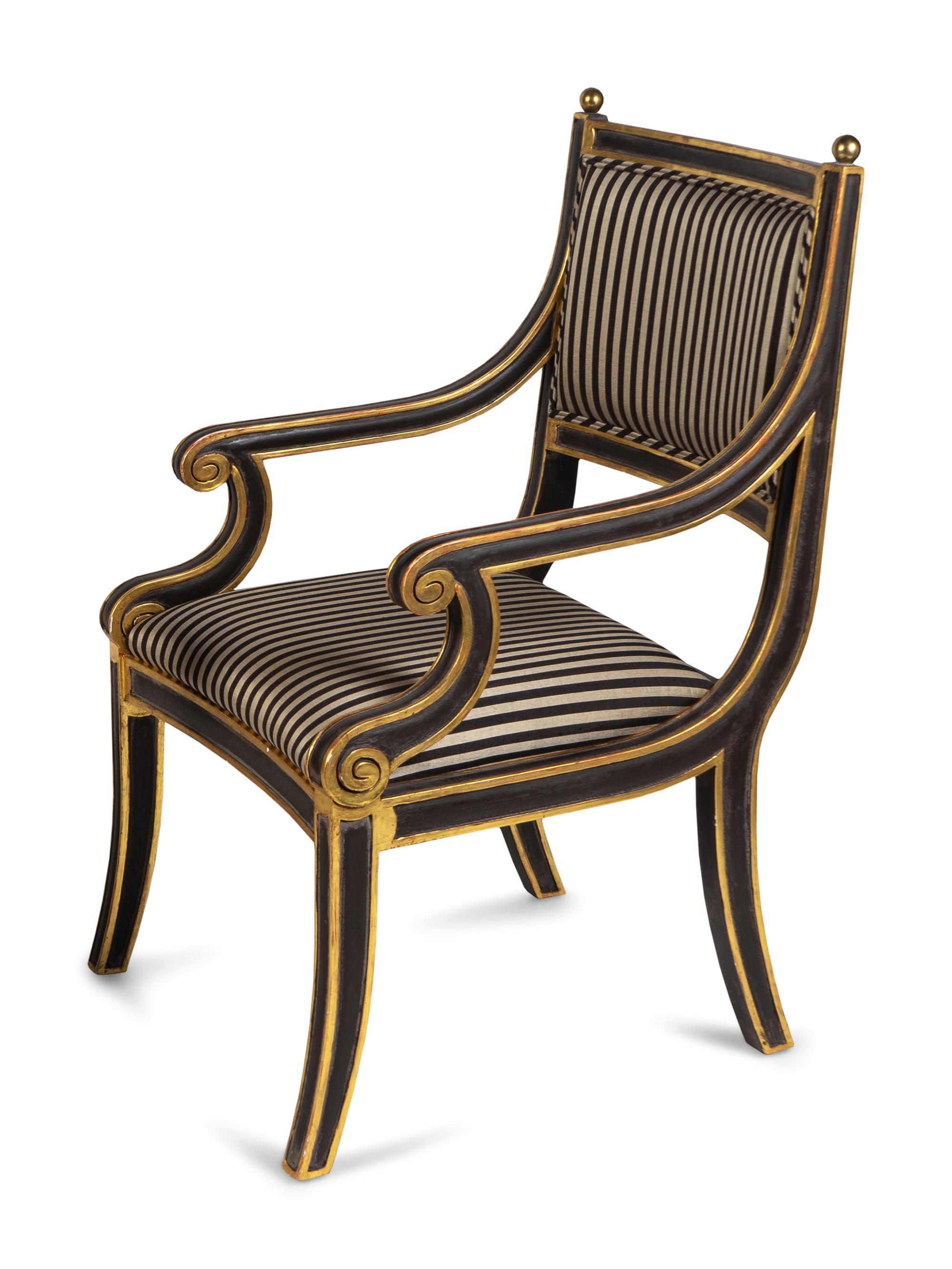 A Set of Eight Regency Style Parcel-Gilt and Black-Painted Armchairs — 20TH CENTURY