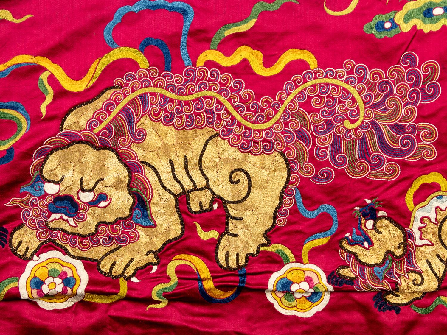 An Impressively Large Chinese Burgundy Ground Embroidered Silk 'Birthday' Wall Panel, Dated 1868 清同治七年（1868） 絳紅緞綉賀壽圖大挂屏