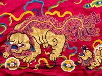 An Impressively Large Chinese Burgundy Ground Embroidered Silk 'Birthday' Wall Panel, Dated 1868 清同治七年（1868） 絳紅緞綉賀壽圖大挂屏