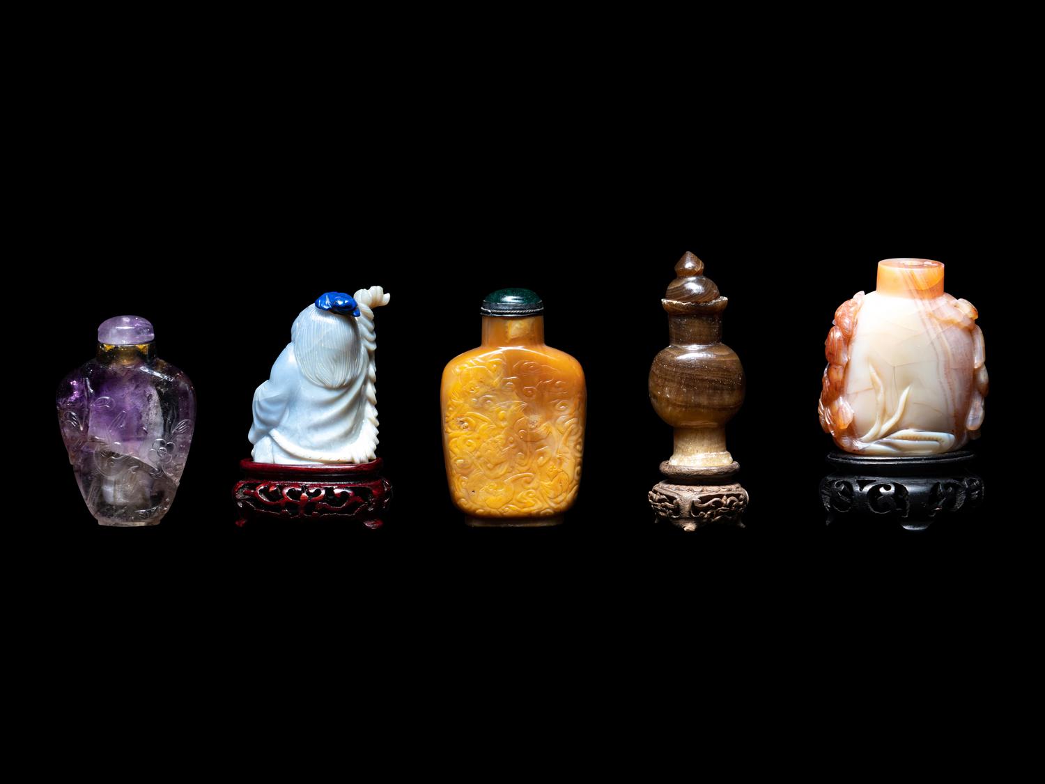 Five Chinese Carved Precious Stone Snuff Bottles