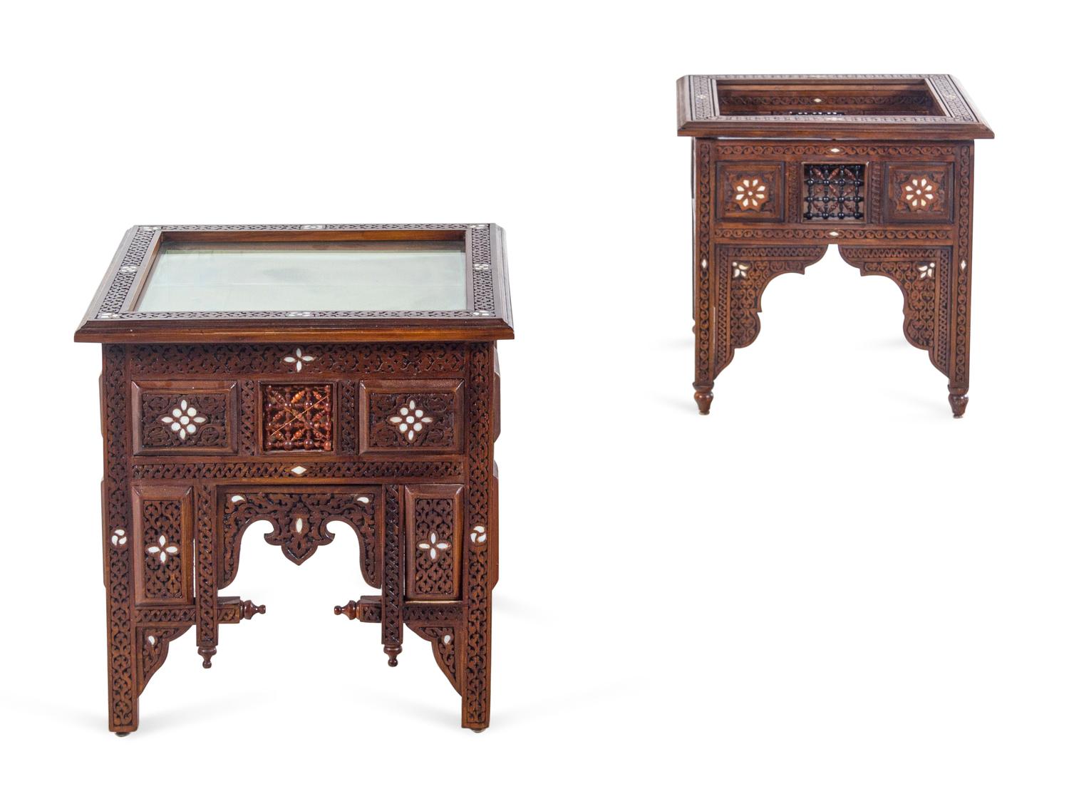 A Near Pair of Syrian Carved and Inlaid Walnut Low Vitrine Tables