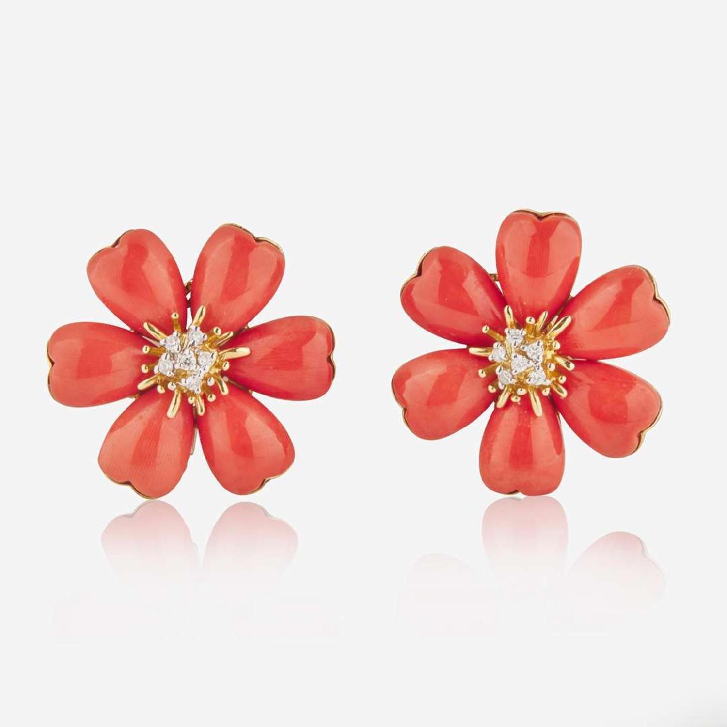 A Pair of 18K Yellow Gold, Coral, and Diamond Earrings