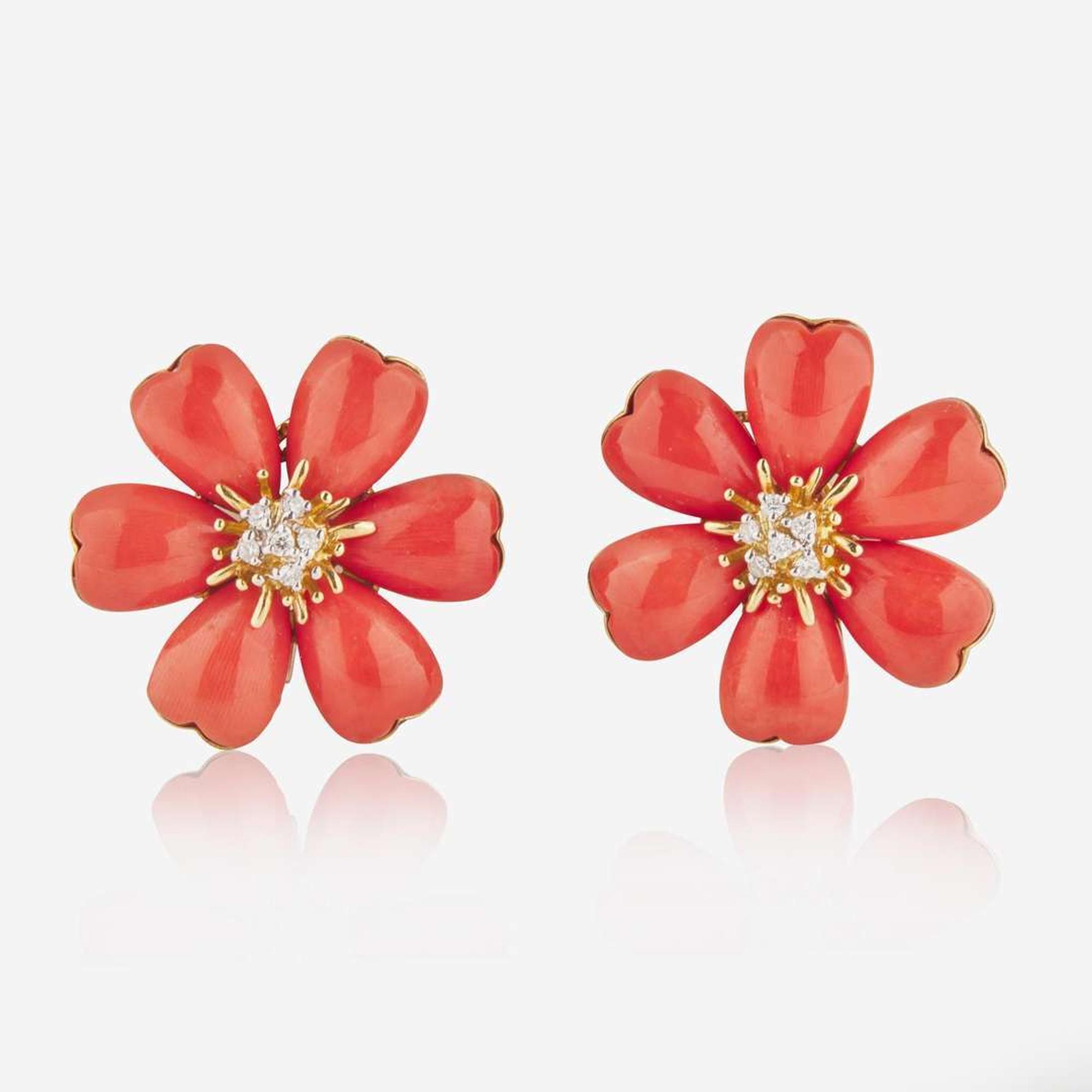 A Pair of 18K Yellow Gold, Coral, and Diamond Earrings