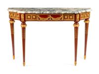 A Louis XVI Style Gilt Bronze Mounted Mahogany Marble-Top Console Table