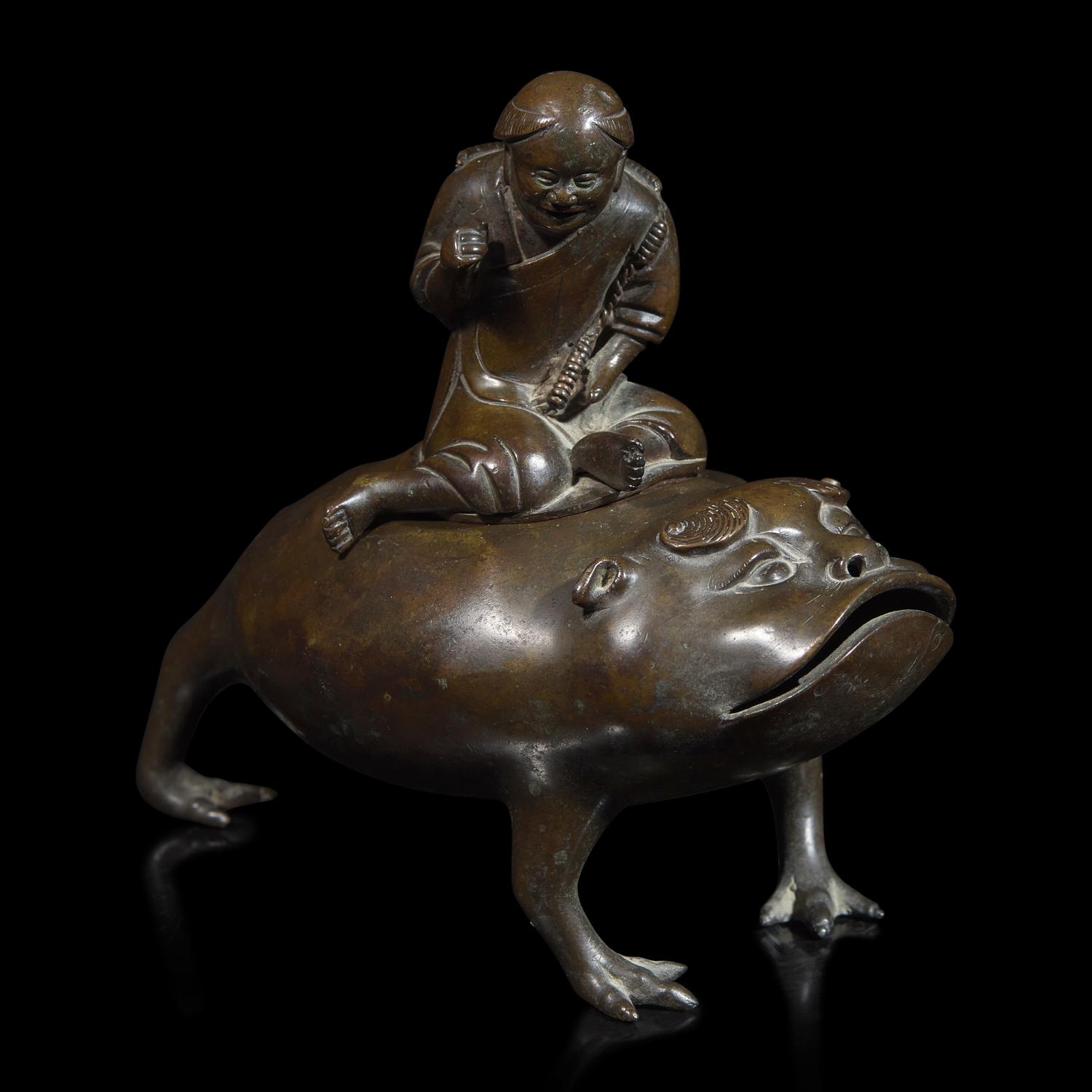 A Chinese Patinated Bronze "Liuhai and Toad" Censer, 17th/18th Century 清早中期 銅劉海戲金蟾香爐