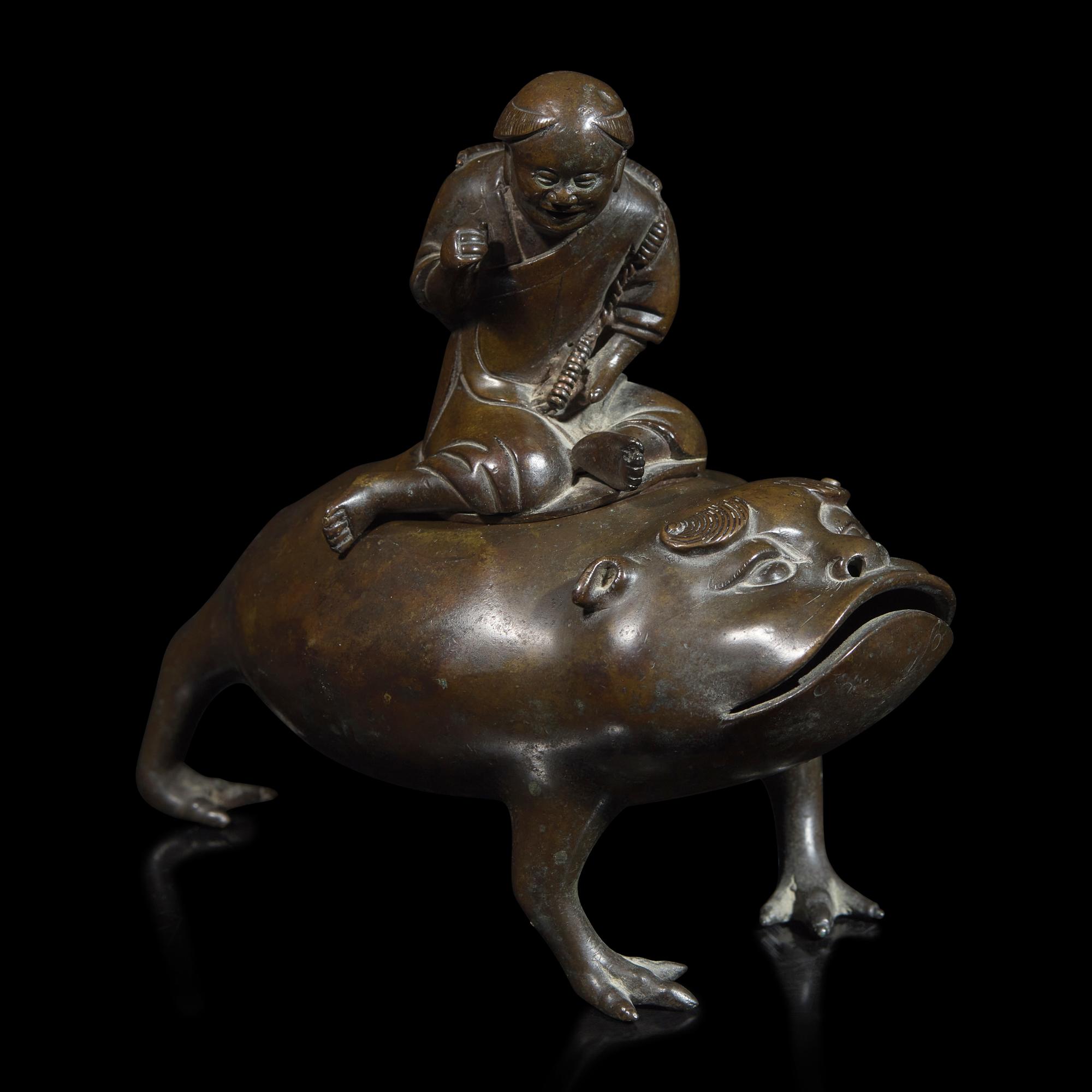 A Chinese Patinated Bronze "Liuhai and Toad" Censer, 17th/18th Century 清早中期 銅劉海戲金蟾香爐