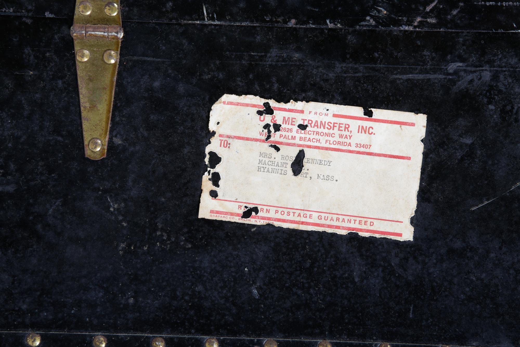 A Black Metal Steamer Trunk Height 12 1/2 inches x width 36 inches x depth 21 7/8 inches.