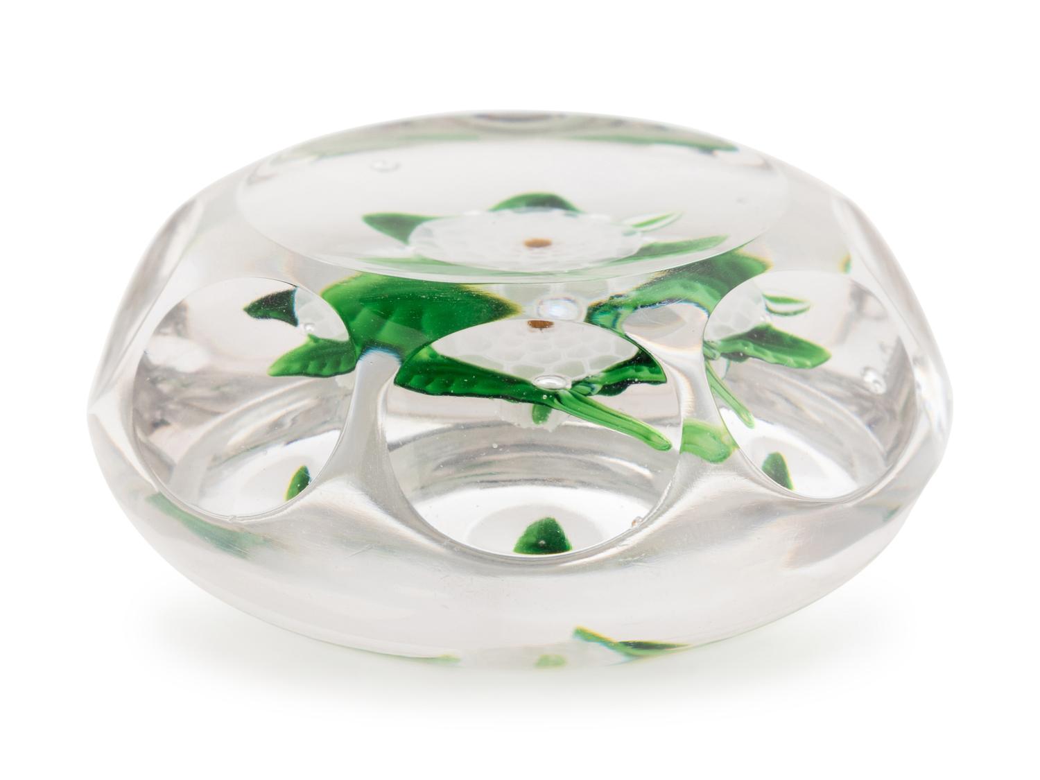 A Miniature White Pompon Faceted Glass Paperweight