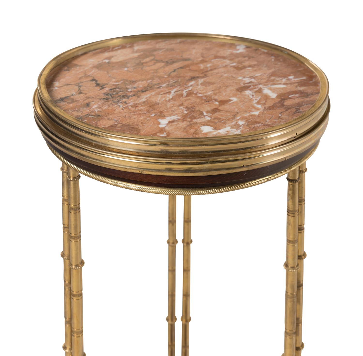 A Pair of Gilt Bronze and Burl Walnut Marble-Top Side Tables