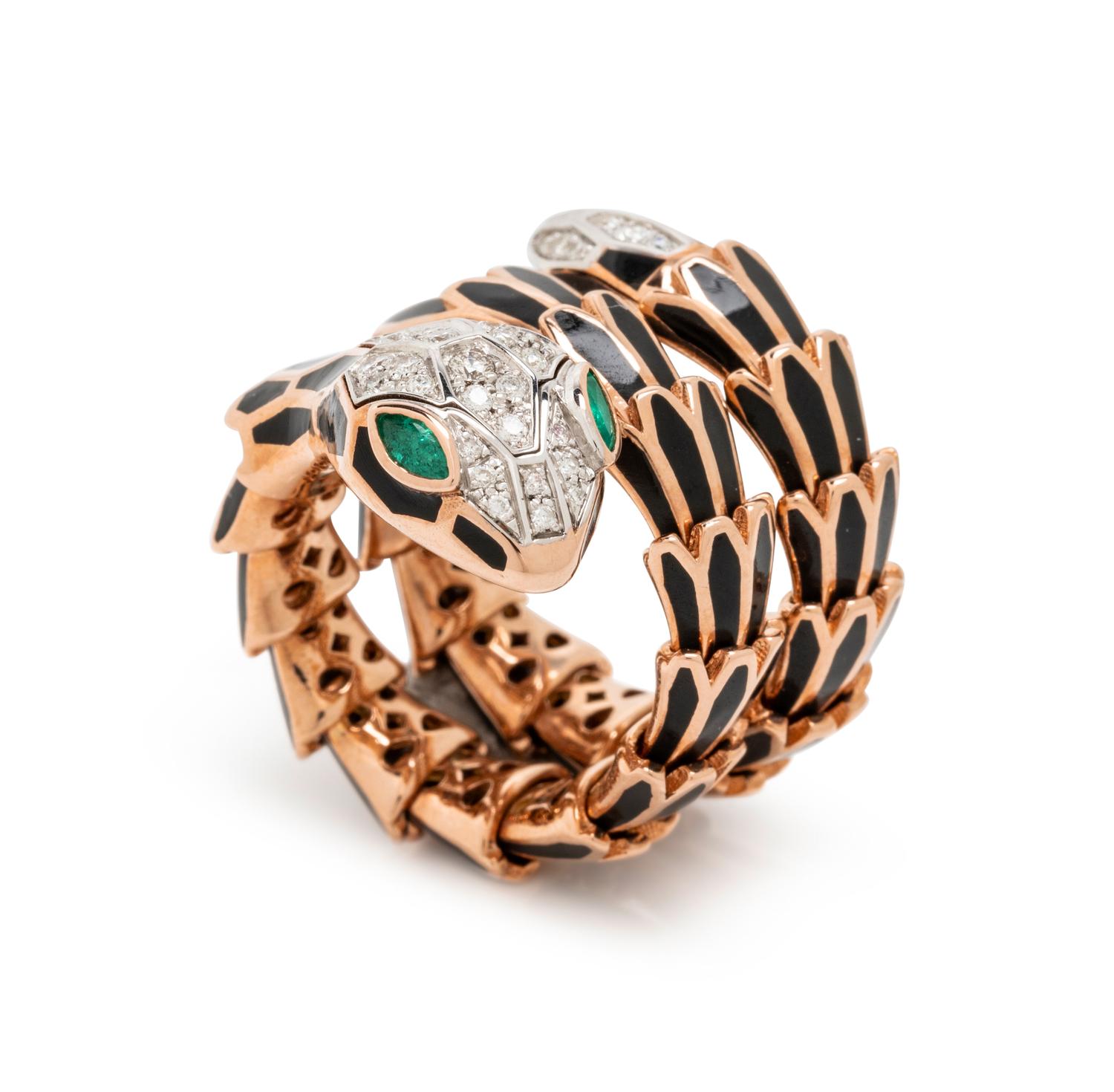 ROSE GOLD, ENAMEL AND DIAMOND SNAKE RING
