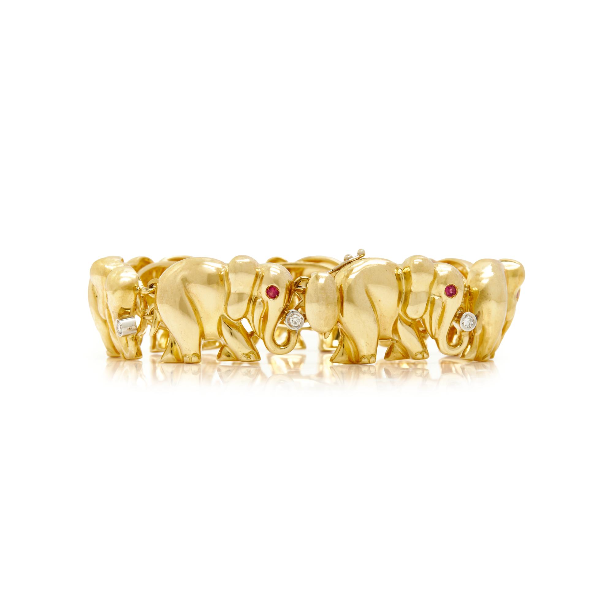 YELLOW GOLD, DIAMOND AND RUBY ELEPHANT BRACELET