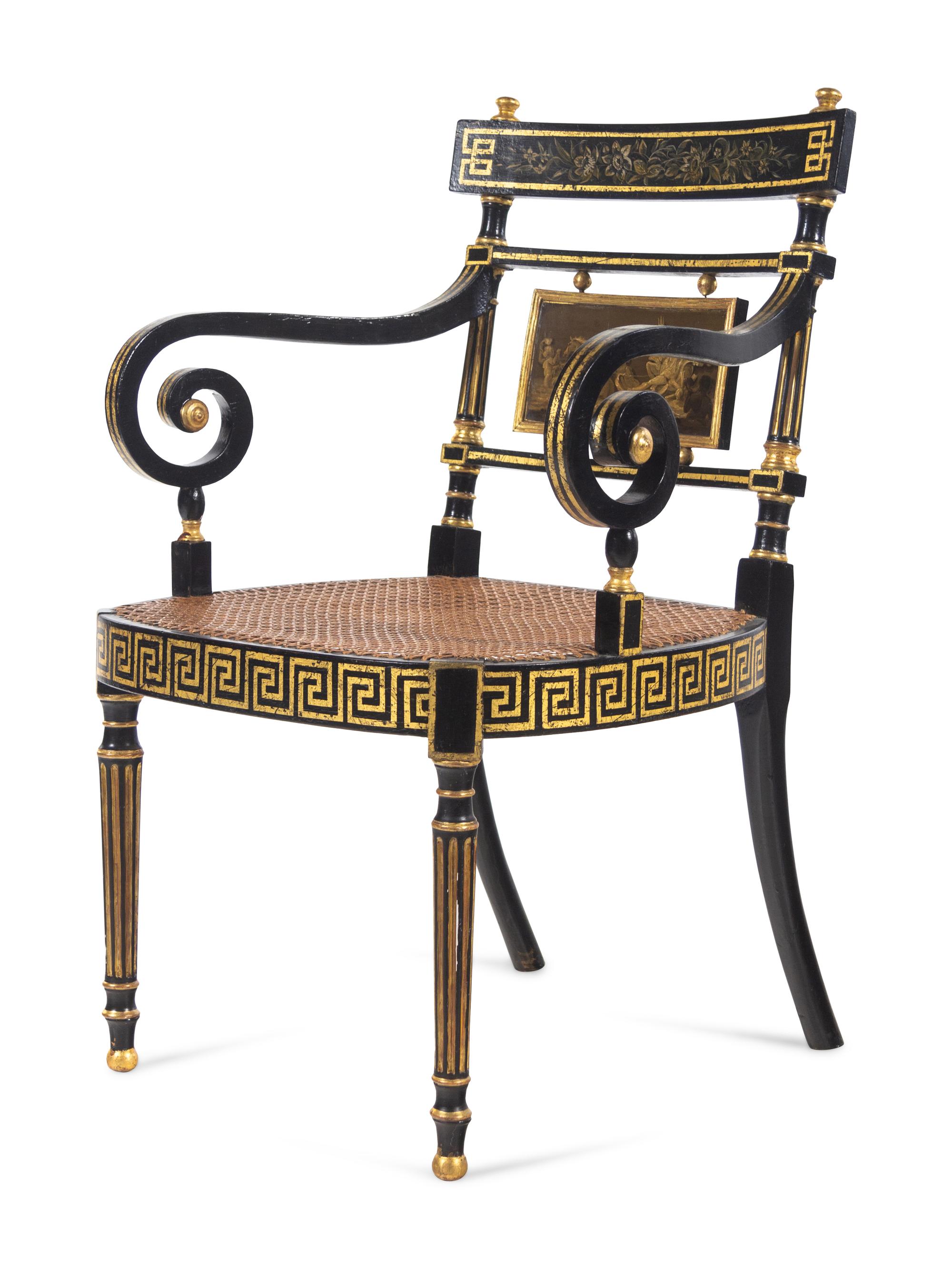 A Set of Six Regency Painted and Parcel Gilt Dining Chairs