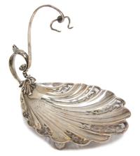 An American Silver Shell-Form Serving Dish, Durgin, Circa 1900, with scroll handle and pierced bowl, retailed by Tilden-Thurber Co.