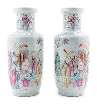 A Pair of Famille Rose Porcelain Rouleau Vases