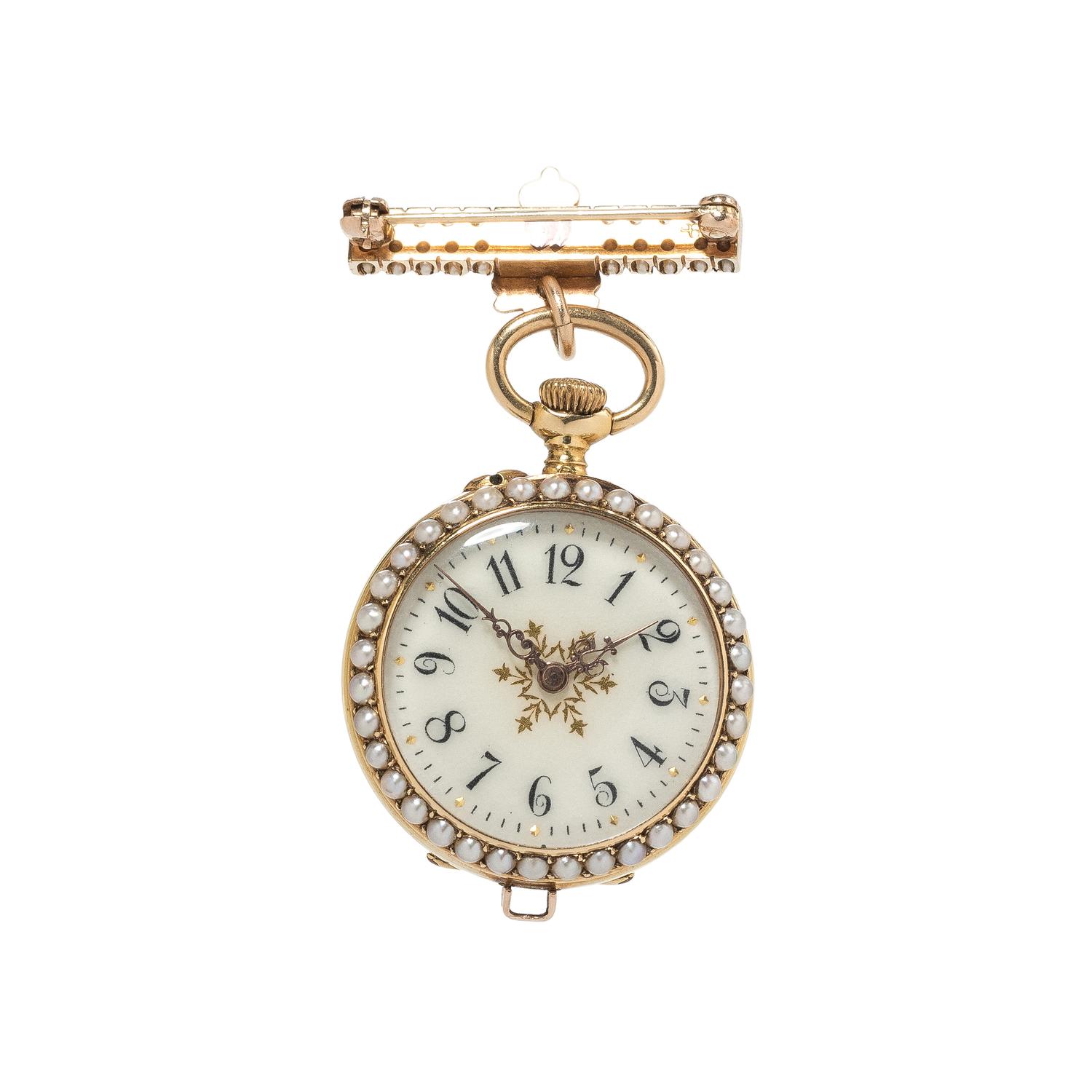 FRENCH, SEED PEARL AND ENAMEL CONVERTIBLE BROOCH/POCKET WATCH