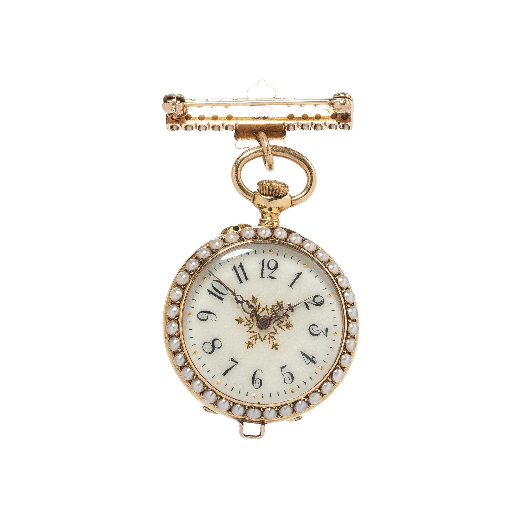 FRENCH, SEED PEARL AND ENAMEL CONVERTIBLE BROOCH/POCKET WATCH