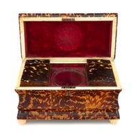 A Large English Silver-Lined Tortoise Shell Tea Caddy Height 8 x width 12 1/4 x depth 6 inches. — 19TH CENTURY