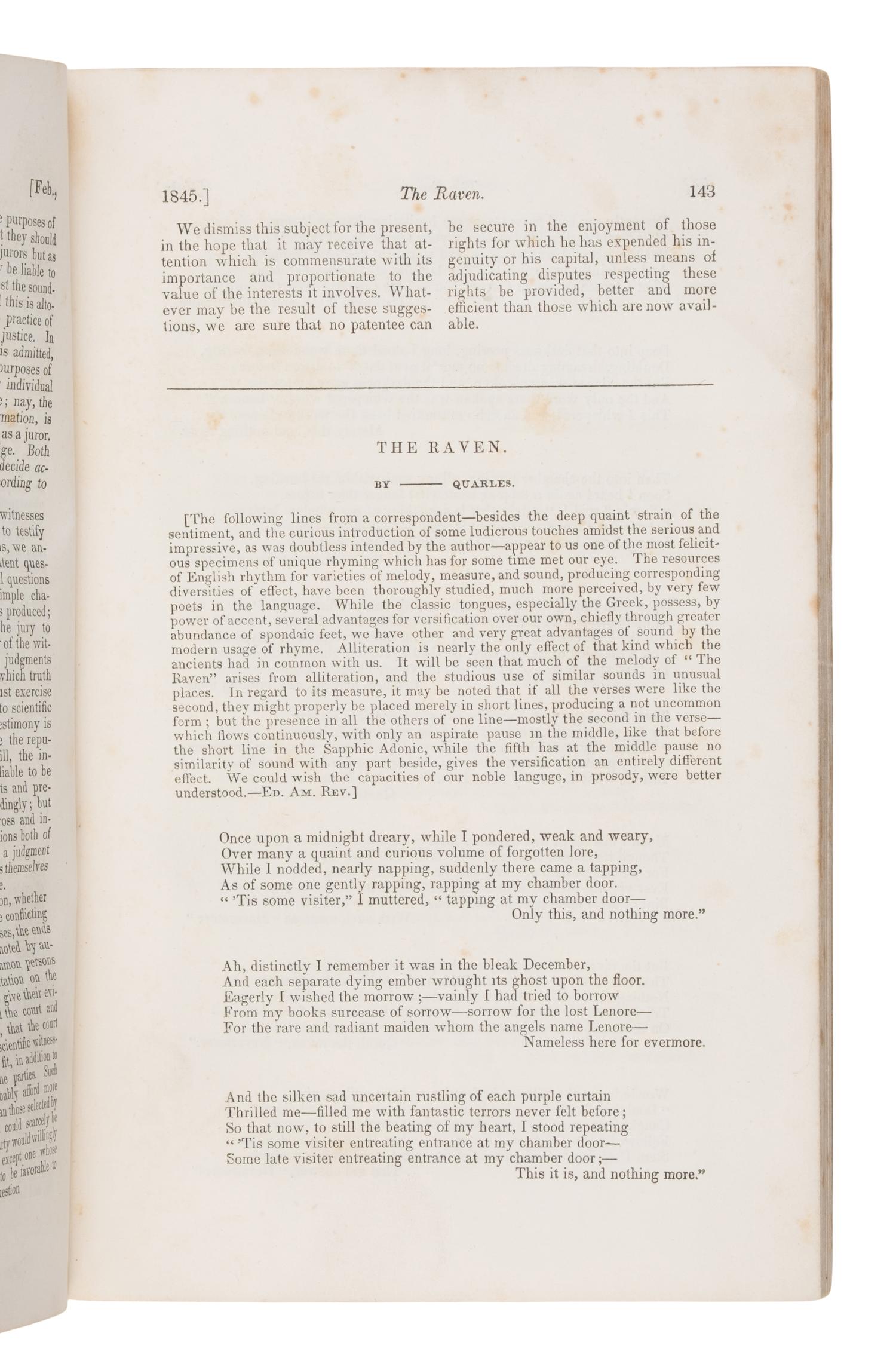 Poe, Edgar Allan (1809-1849). "The Raven" in The American Review . Volume I, number II. New York: Edward O. Jenkins for Wiley and Putnam, February 1845 [but early January].