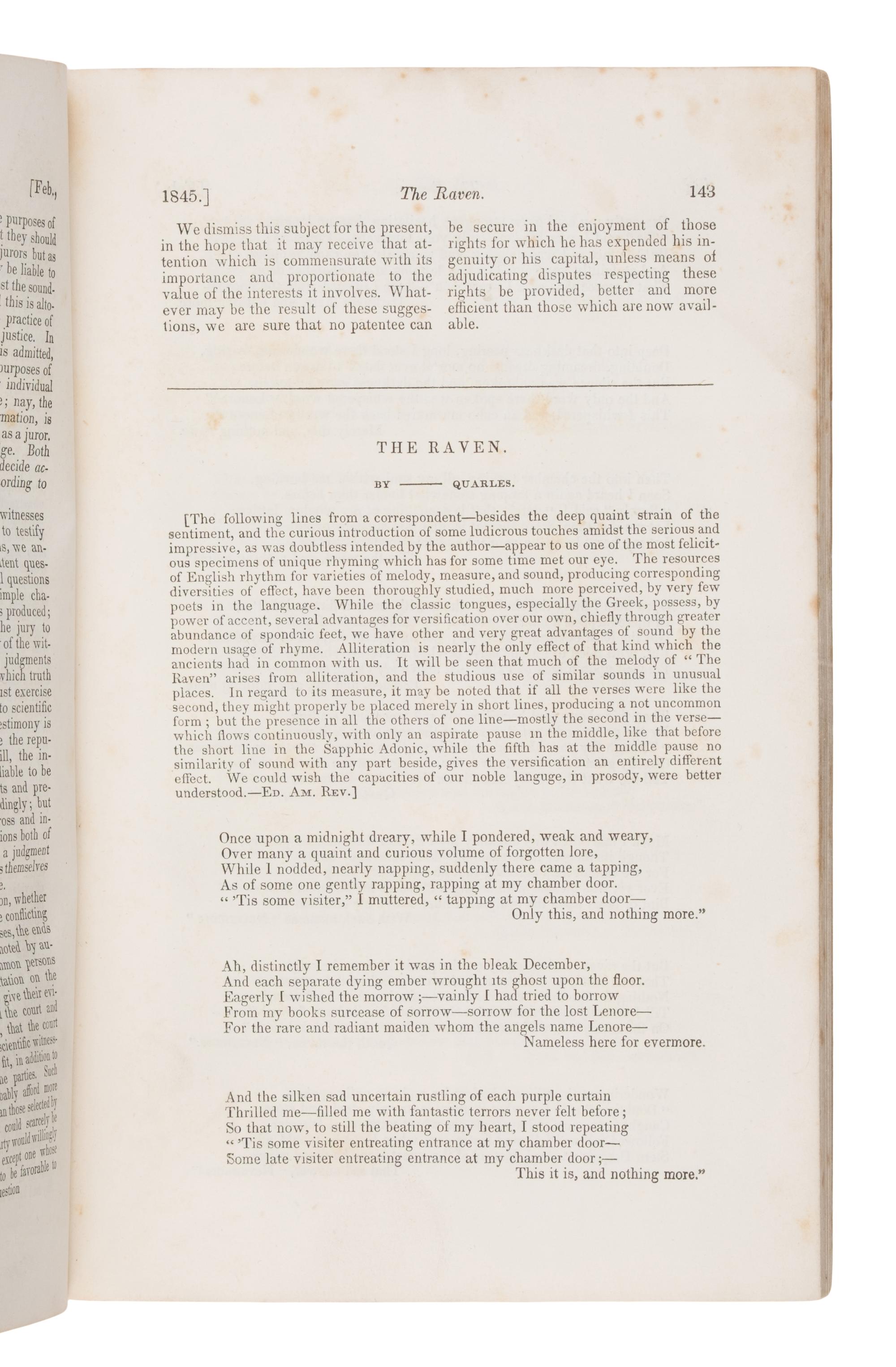 Poe, Edgar Allan (1809-1849). "The Raven" in The American Review . Volume I, number II. New York: Edward O. Jenkins for Wiley and Putnam, February 1845 [but early January].