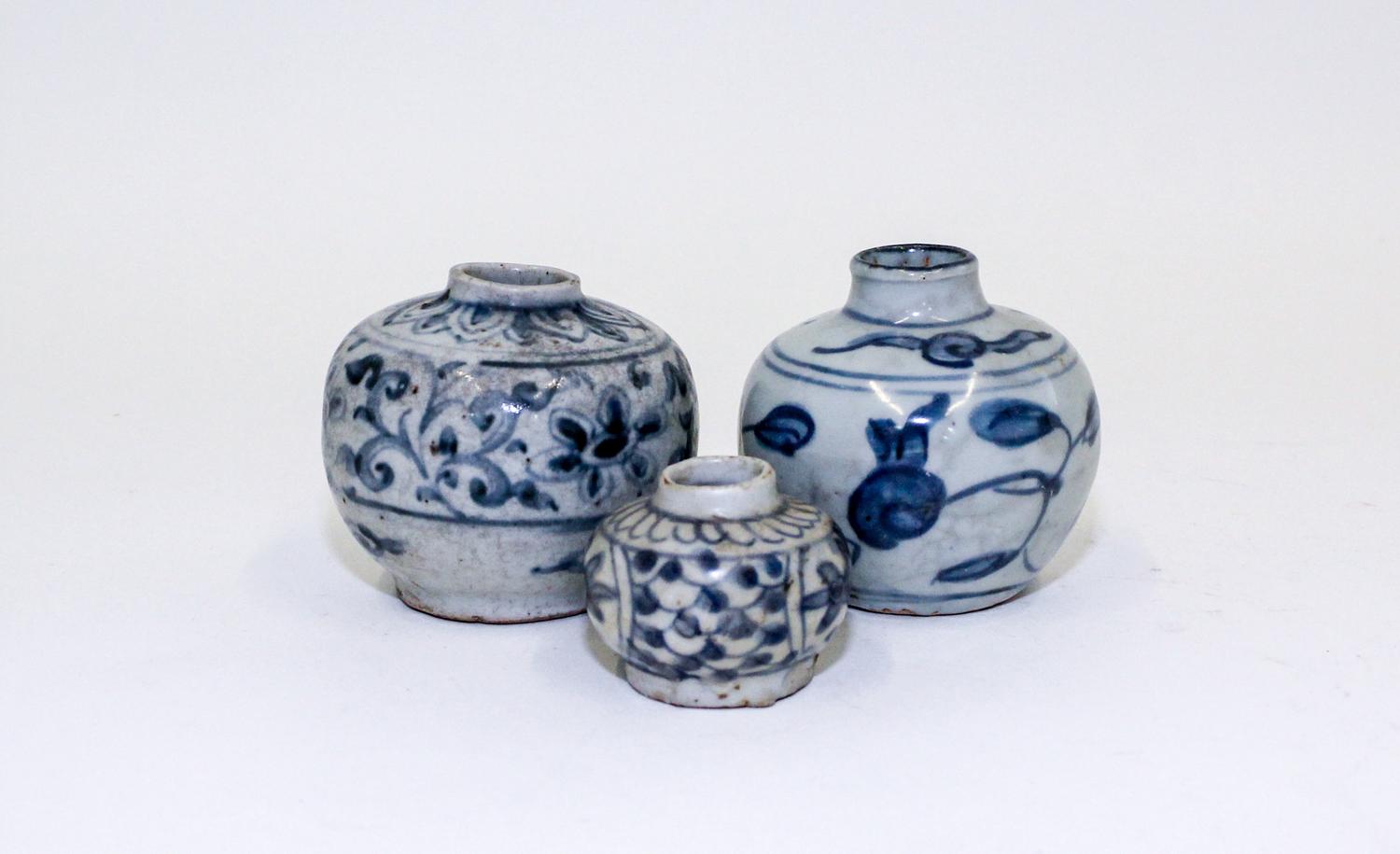 Three Small Blue and White Porcelain Jars. Height of tallest 3 1/2 inches.