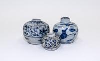 Three Small Blue and White Porcelain Jars. Height of tallest 3 1/2 inches.