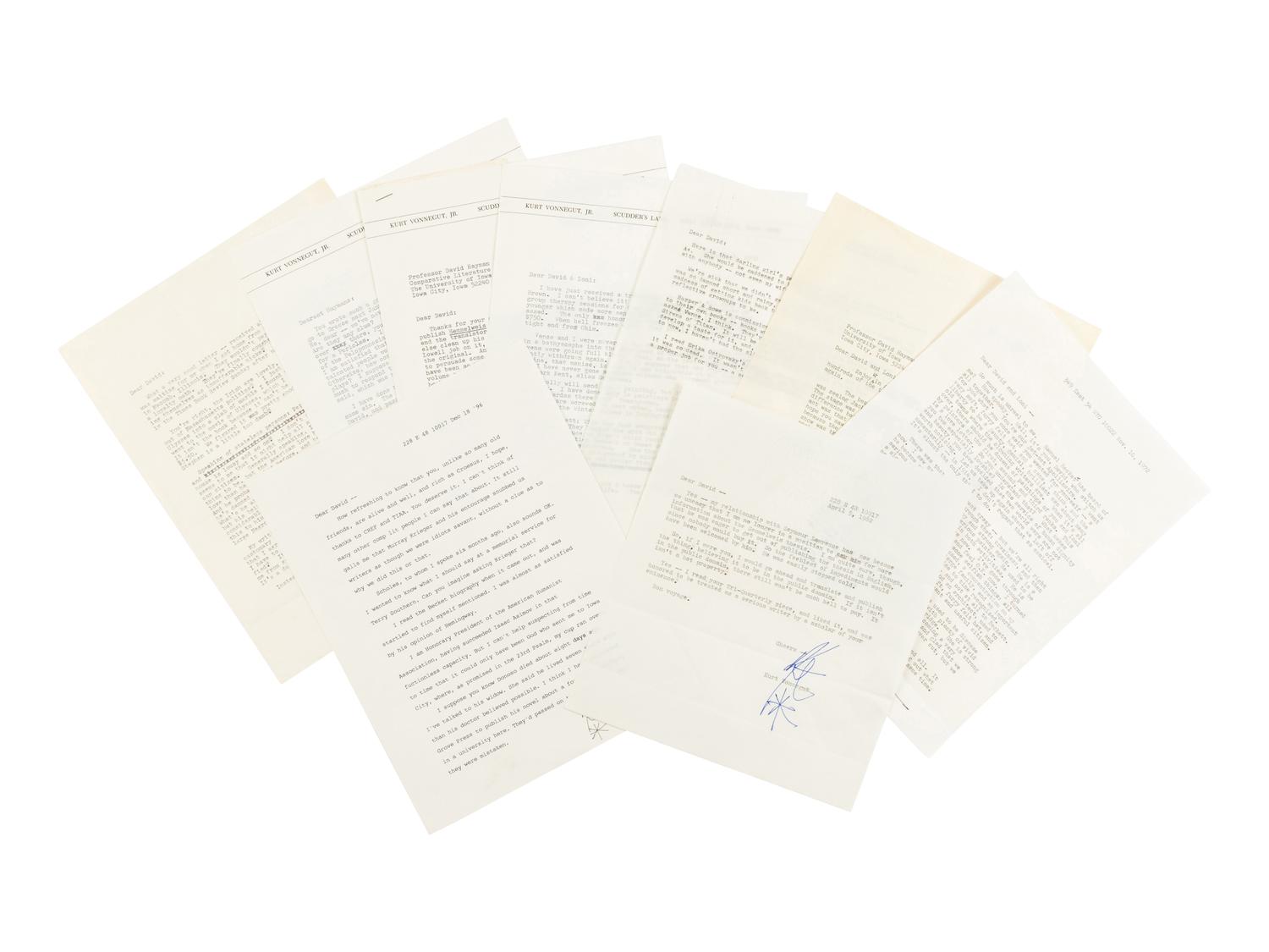 VONNEGUT, Kurt (1922-2007). An archive of typed letters signed ("Kurt") to David Hayman, ca 1960s-1990s.