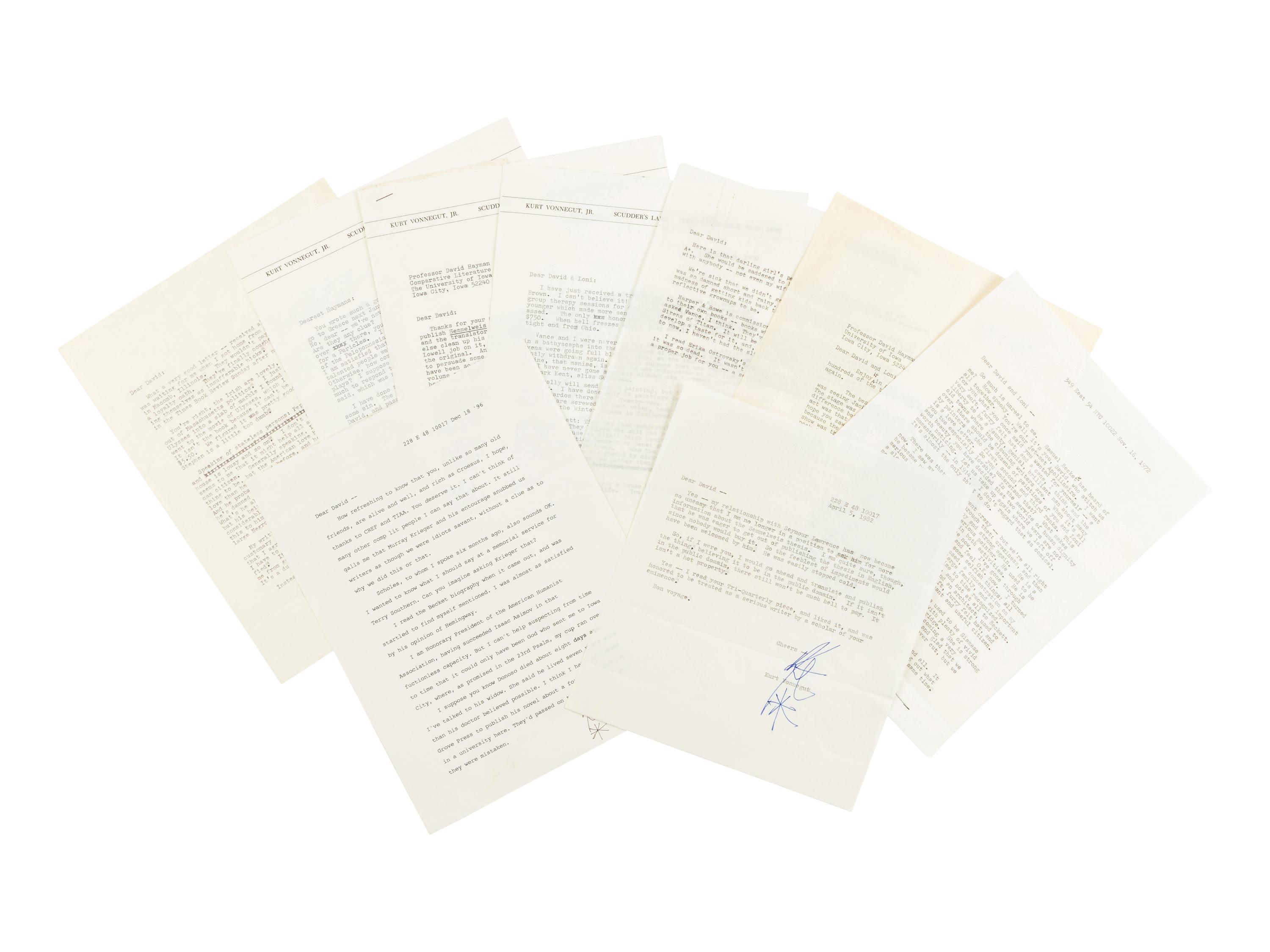 VONNEGUT, Kurt (1922-2007). An archive of typed letters signed ("Kurt") to David Hayman, ca 1960s-1990s.
