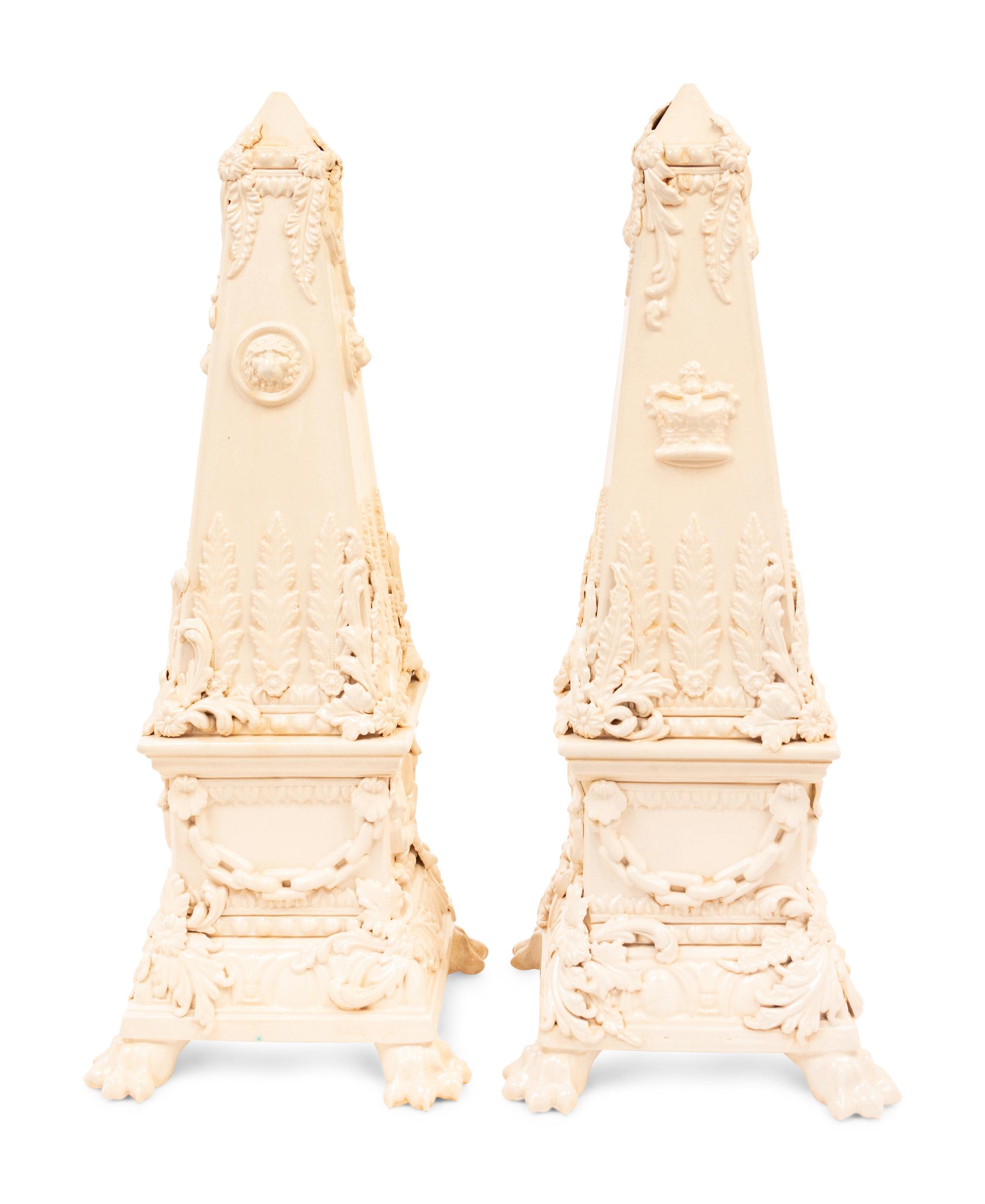 A Near Pair of Peter Weldon Creamware Obelisks
