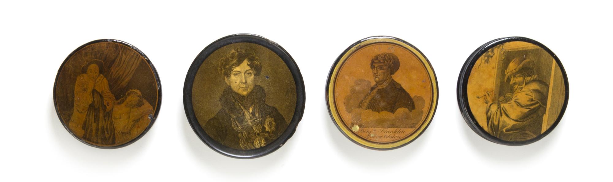A Continental Lacquered Papier Mache Snuff Box, Diameter of largest 3 7/8 inches.