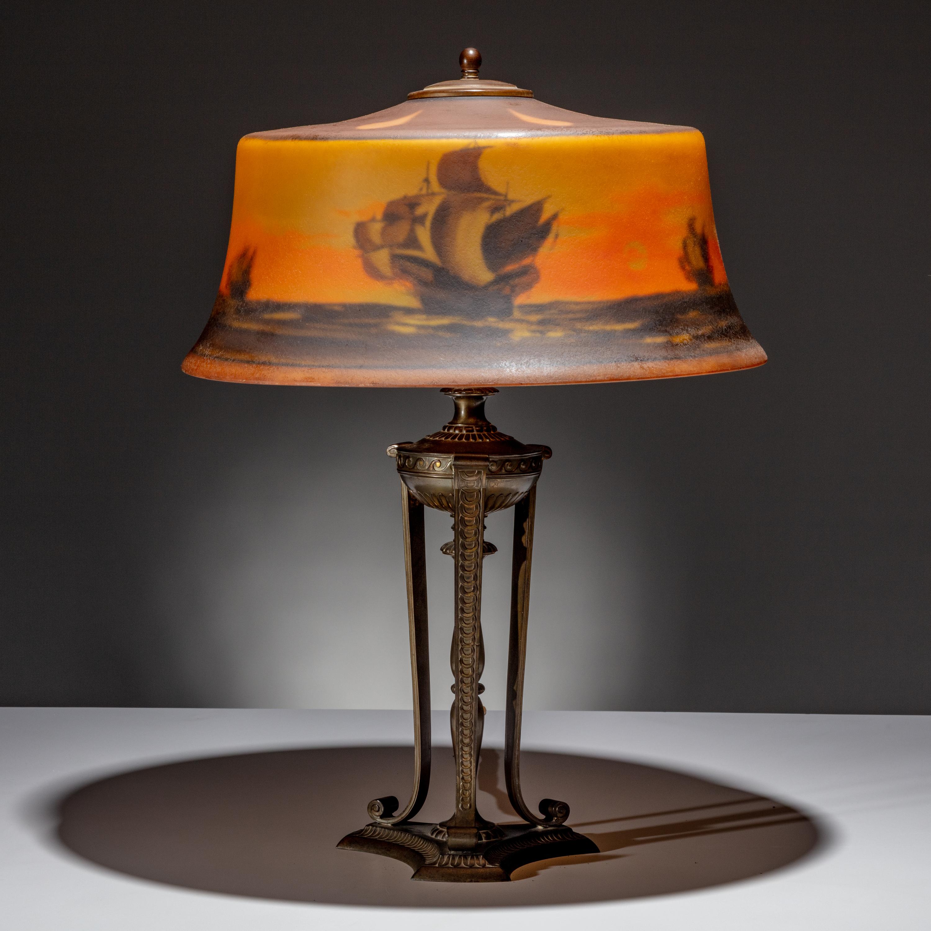 Pairpoint Corporation USA, Early 20th Century — Reverse-Painted Lamp, possibly depicting the Nina, Pinta, and Santa Maria , c. 1915