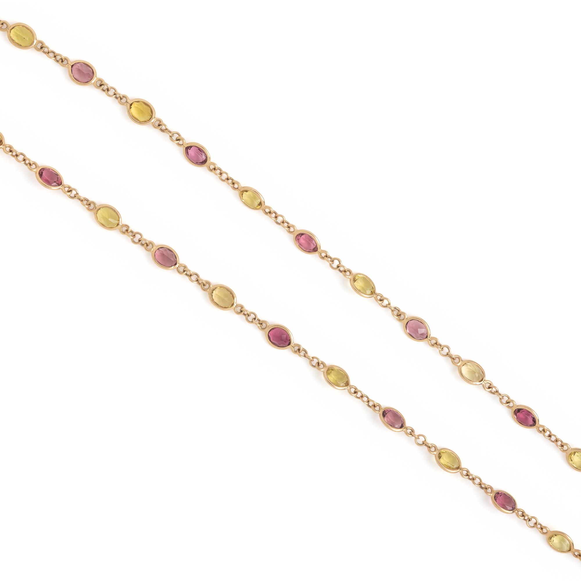 Two Multigem and Yellow Gold Station Necklaces