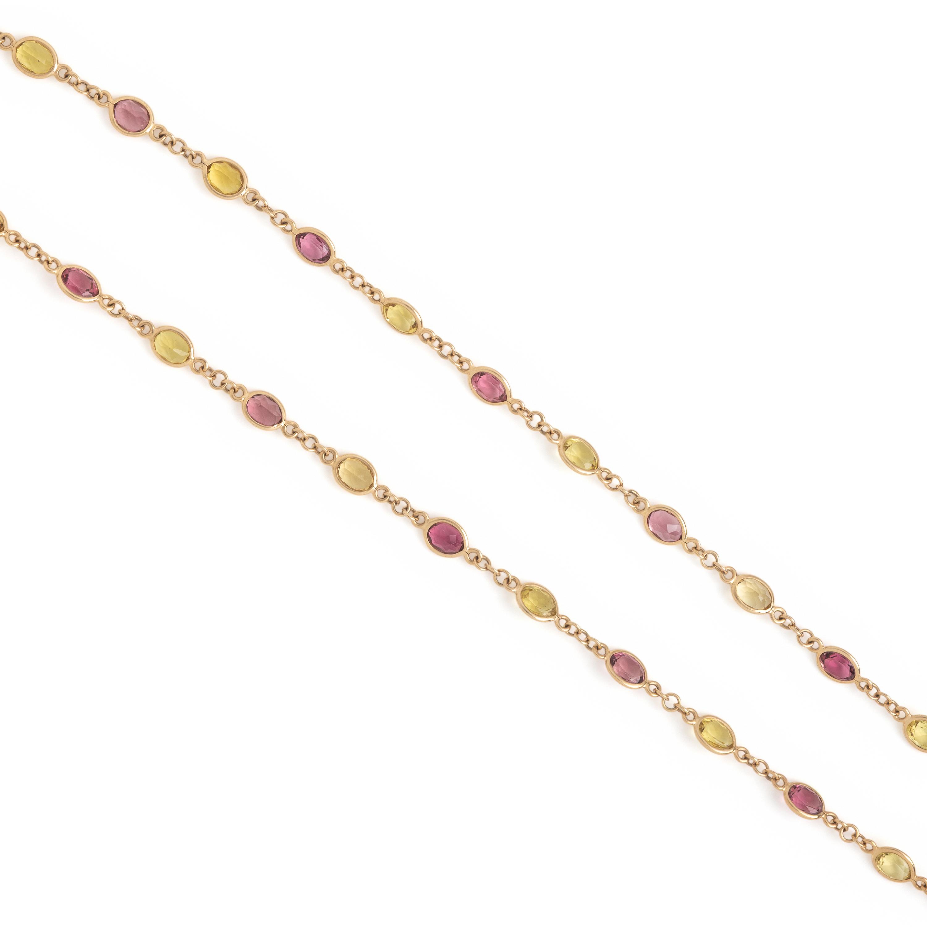 Two Multigem and Yellow Gold Station Necklaces